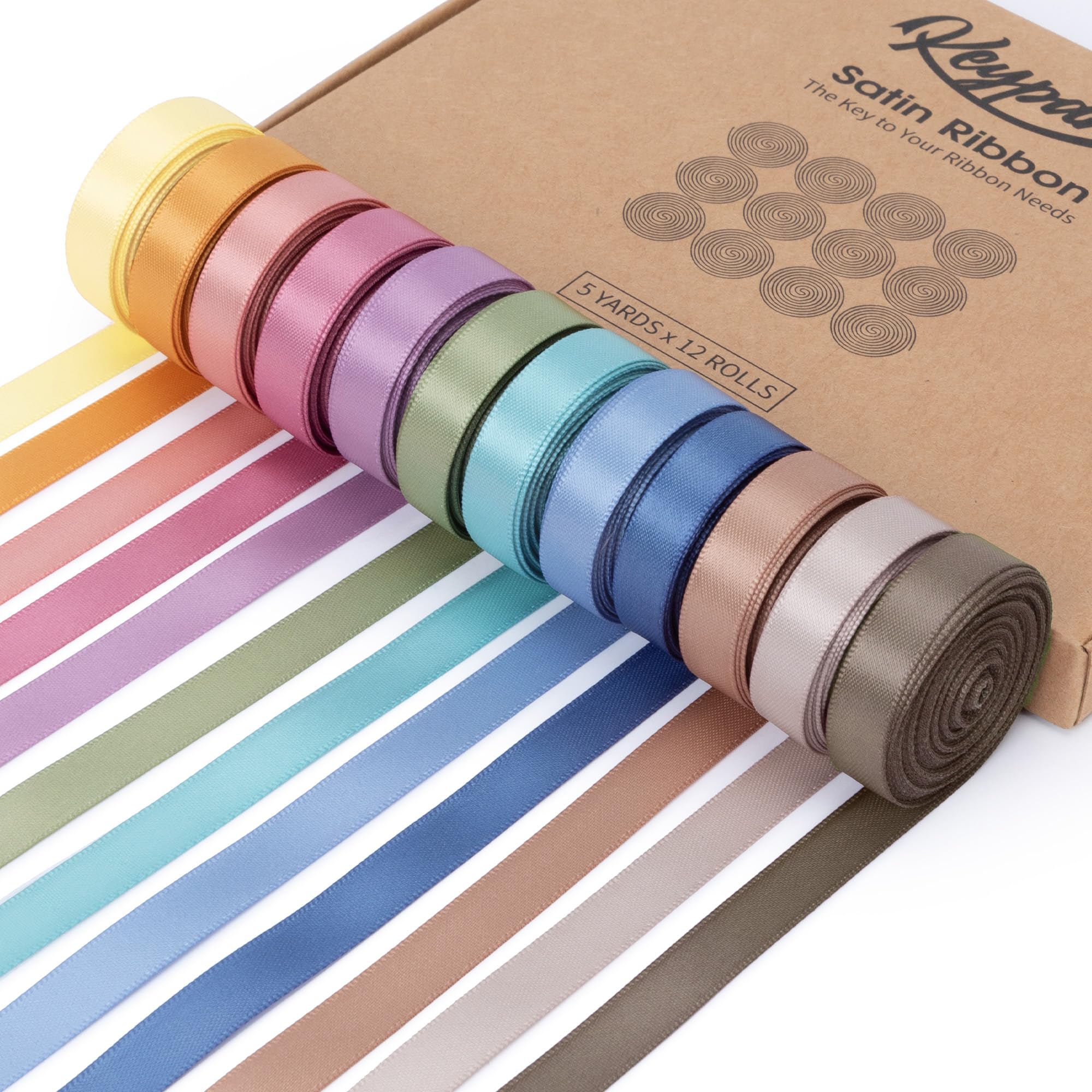 Photo 1 of Keypan Pastel Satin Ribbon Set, 12 Rolls, 3/8 Inch, 60 Yards