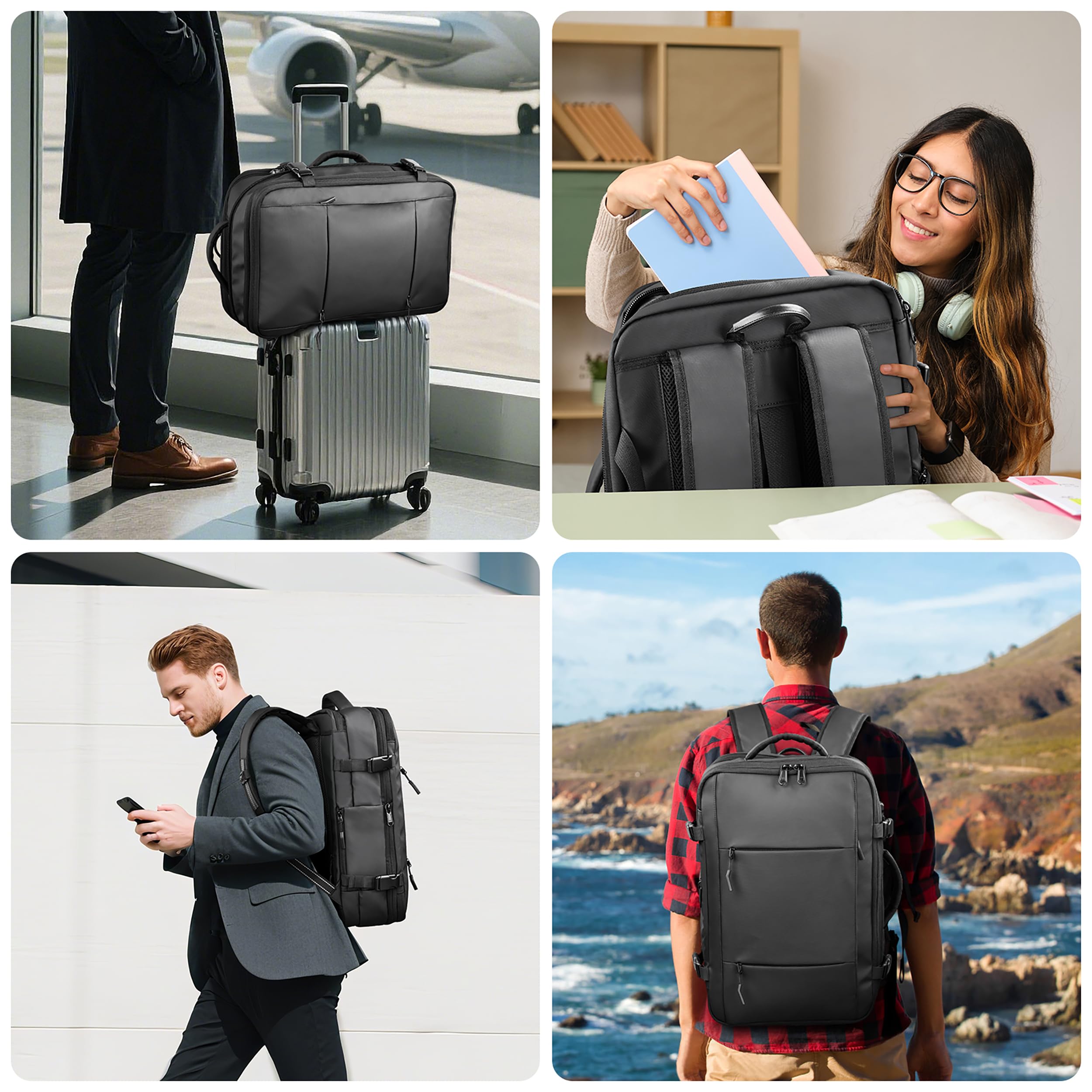 travel inspira Reiserucksack Handgepäck Flugzeug Vakuum Rucksack mit Pumpe | Erweiterbar von 45L auf 65L mit 17.3" Laptopfach TSA-Schloss 50% Platzsparend Vakuumbeutel Abnehmbar LED-Licht und SOS-Signal