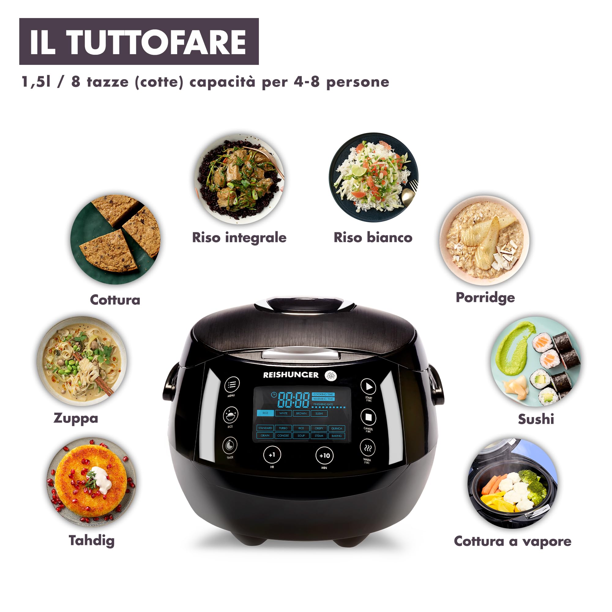 Reishunger Cuociriso Digitale Nero - Vaporiera Multifunzione fino a 8 Persone con 12 Programmi, Tecnologia a 7 Fasi - Con Display LED e Funzione di Mantenimento del Caldo