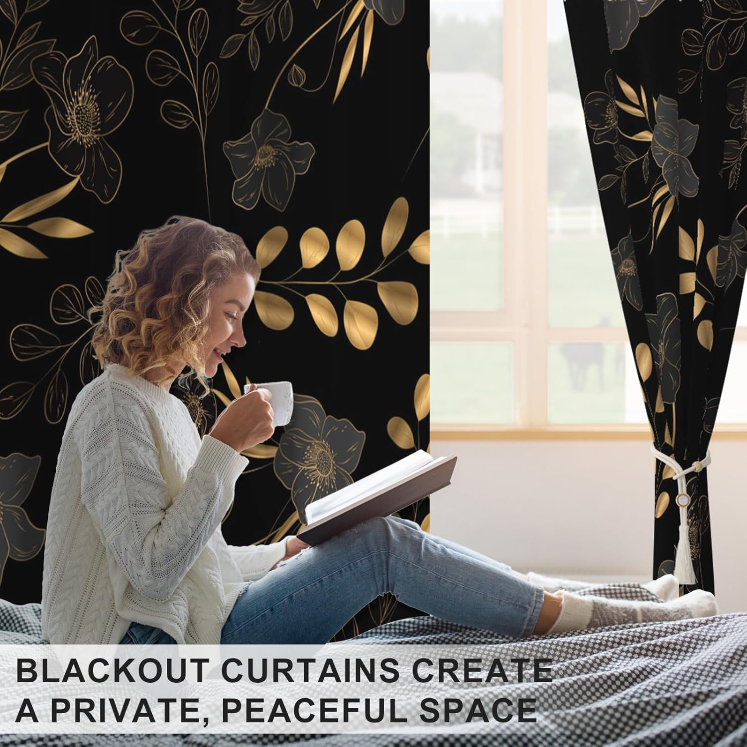 Blackout Curtains for Bedroom and Living Room, Floral and Leaf Patterned Blackout Curtains 84 Inch Length 2 Panels Set with Curtain Tiebacks, Thermal Insulated Soundproof Grommet Darkening Drapes