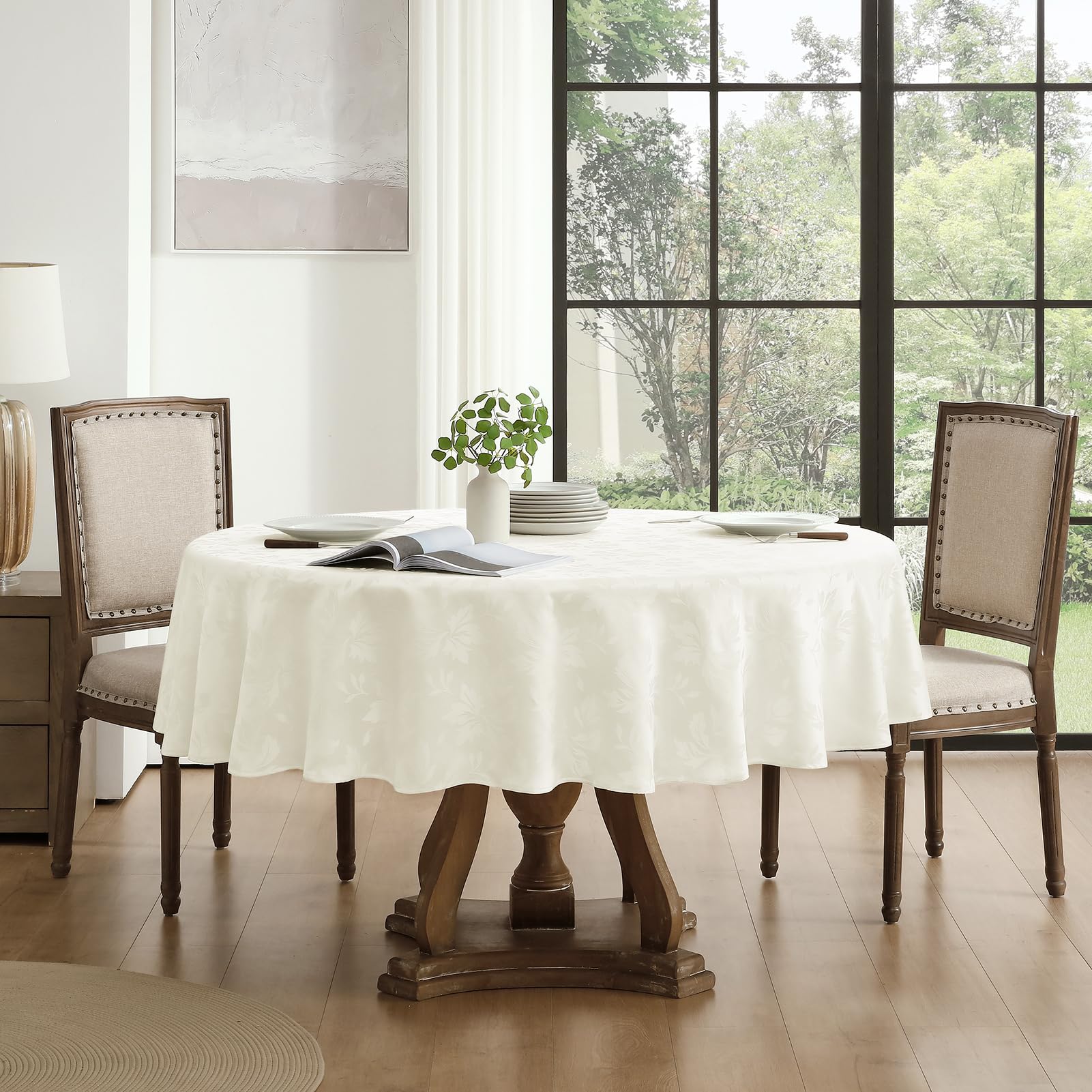 Romanstile tovaglia rotonda 200 cm diametro tovaglia antimacchia tovaglie beige moderna tovaglie Jacquard per decorativa Tavolo 8-10 posti per esterni, feste di compleanno, banchetti,1 Pezzo