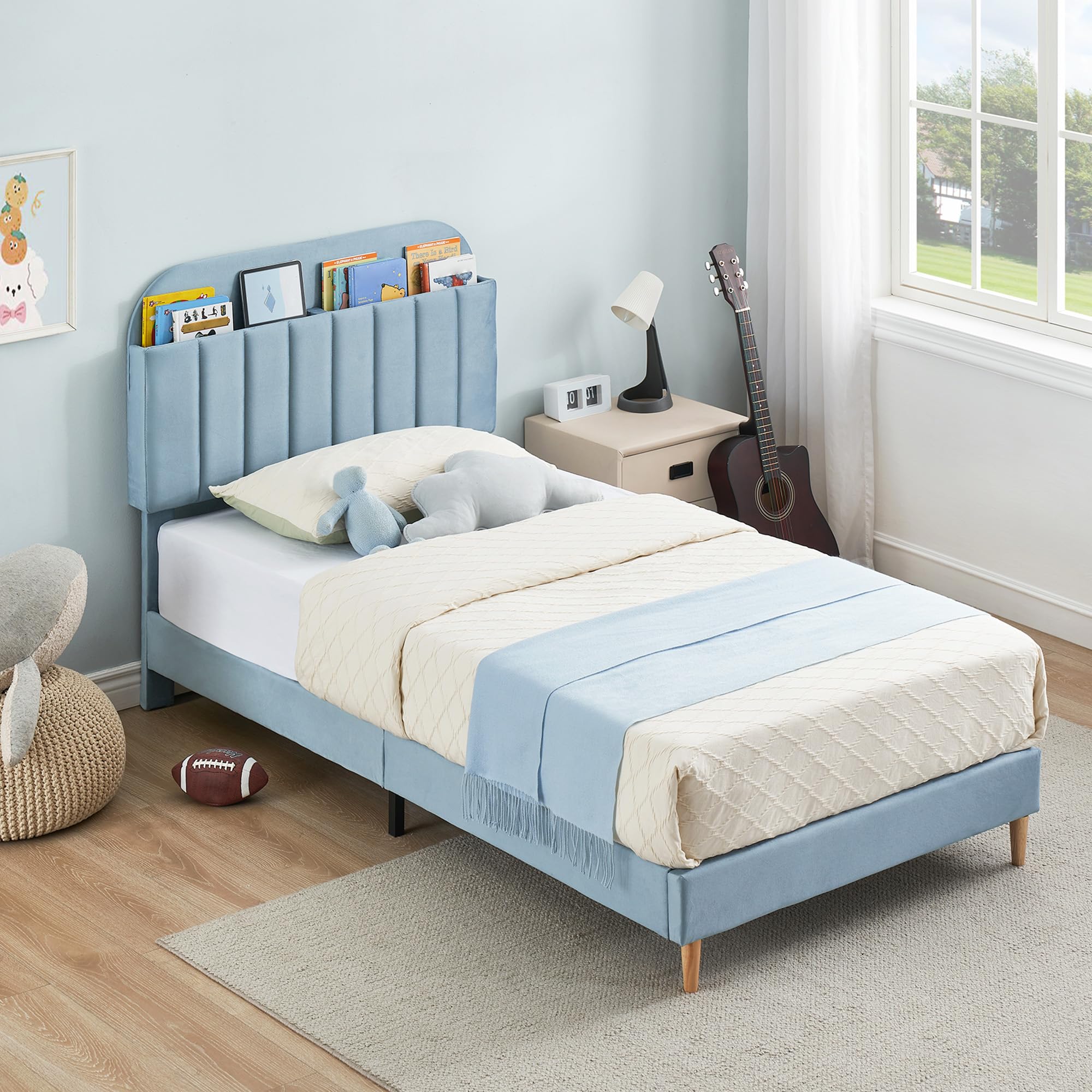 Lit enfant 1 personne 90x190cm,Sommier en bois avec rangement,Lit Simple enfant avec plusieurs pieds,Tête rembourrée,Lit banquette 1 place montessori pour chambre enfant,Garçon/Fille(Bleu)