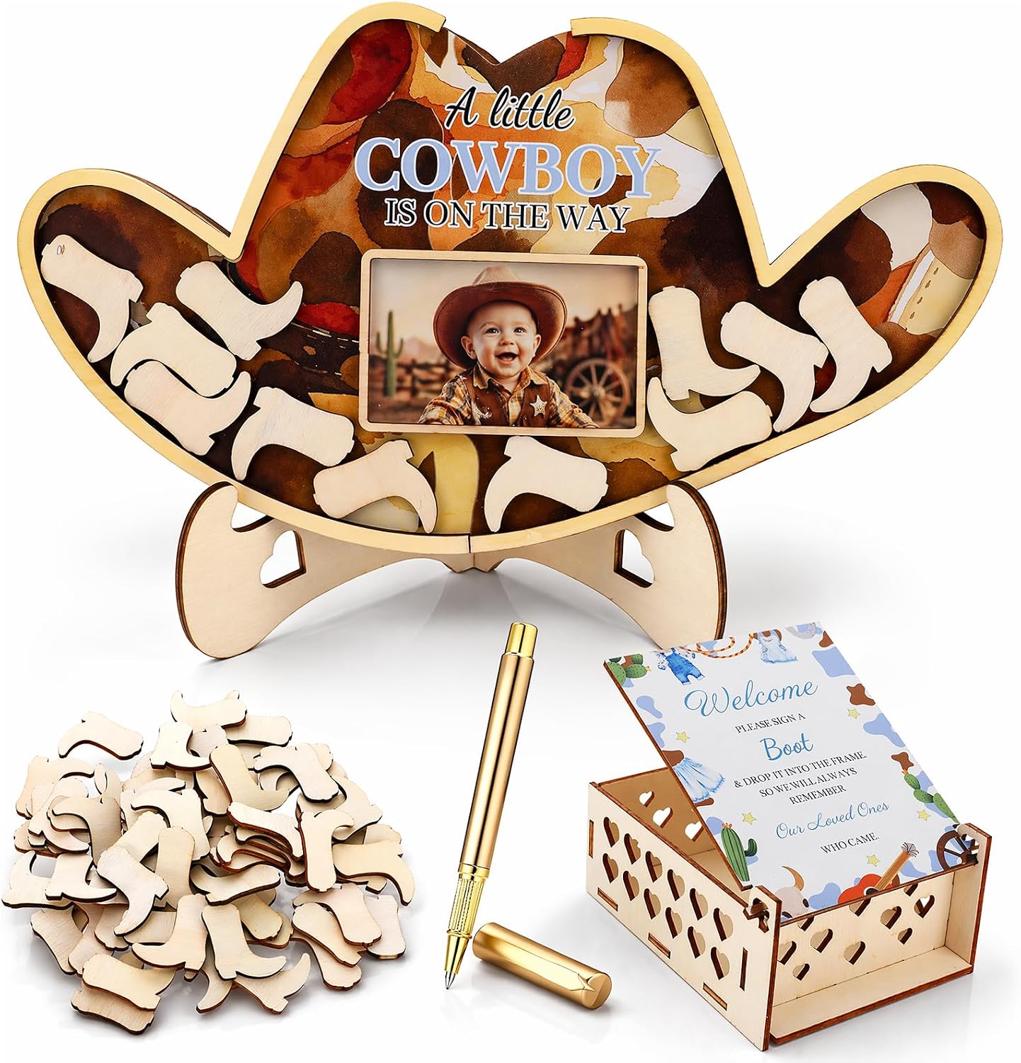 63 Pcs A Little Cowboy is On The Way Baby Shower Set, Cowboy Baby Shower Decorations with Wooden Box, Gender Reveal Party Favors for 12.5 Inch Photo Frame Keepsake
