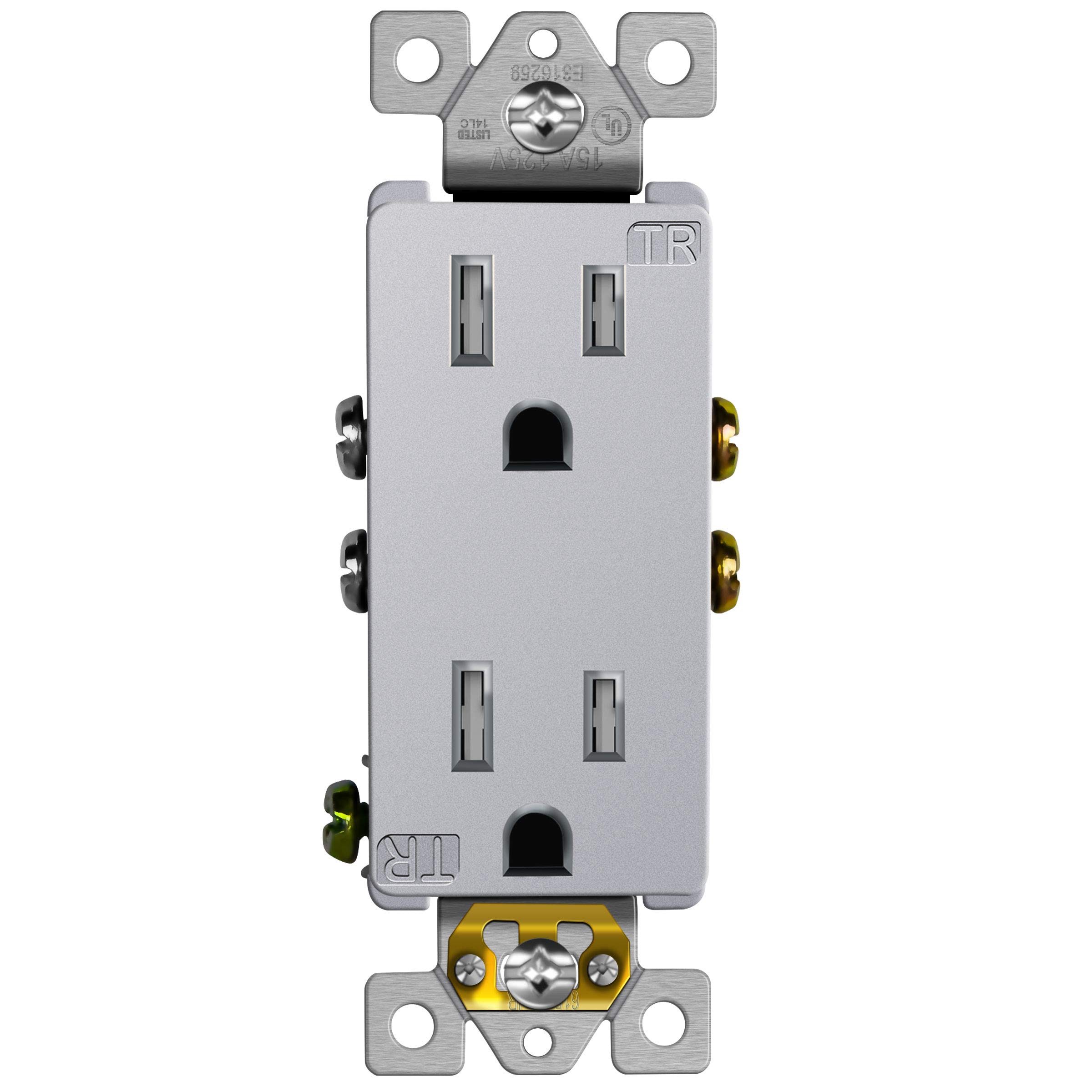 ENERLITES, Silver Elite Series Decorator Receptacle Outlet Child Safe Tamper-Resistant, Self-Grounding, 2-Pole, Residential Grade, 15A 125V, UL Listed