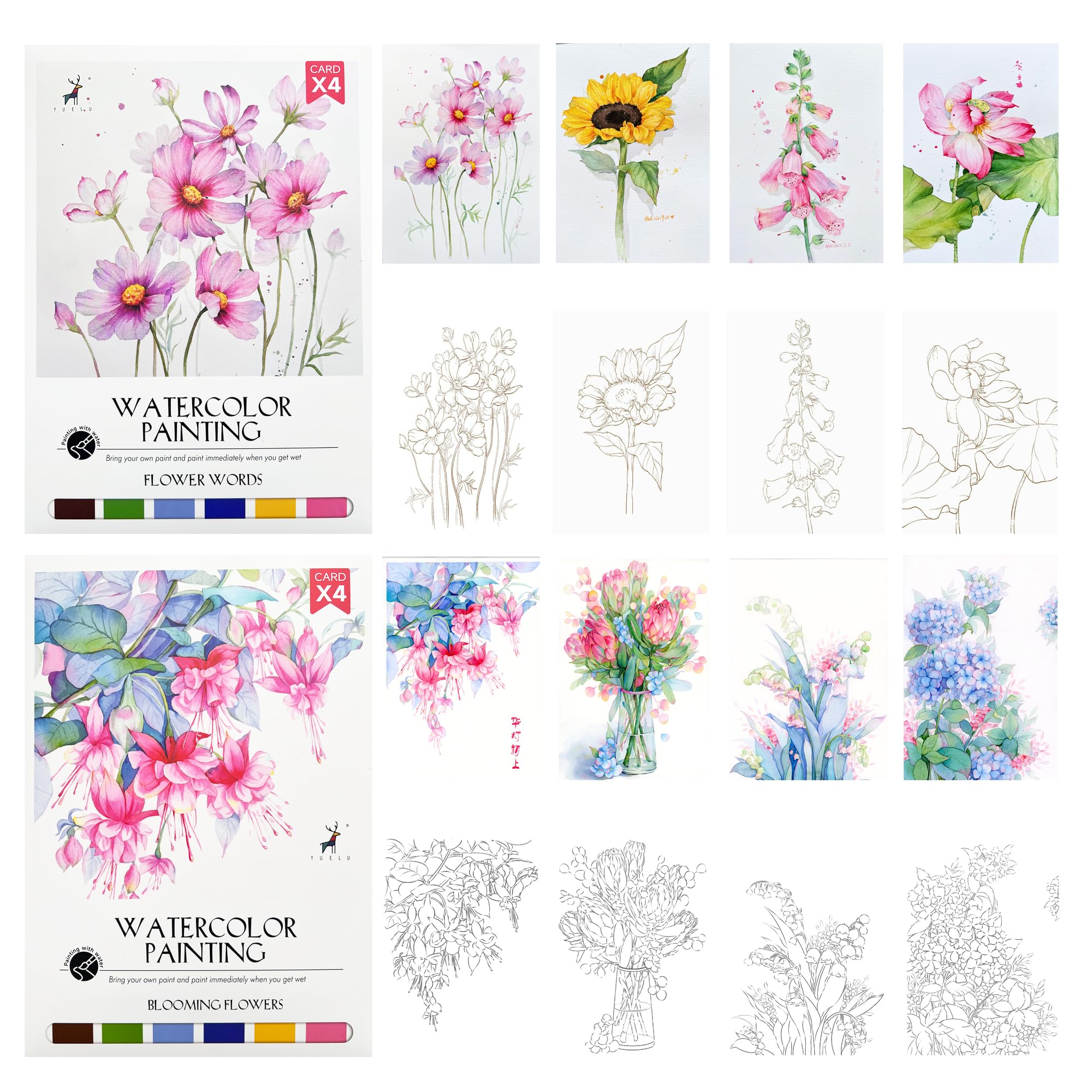 Watercolor Painting Paper Set-Line Draft Water Coloring Books Drawing Painting Art Kit Creative Handmade Watercolor Decorative Painting Includes Brushes and Paints(Flower Series)…