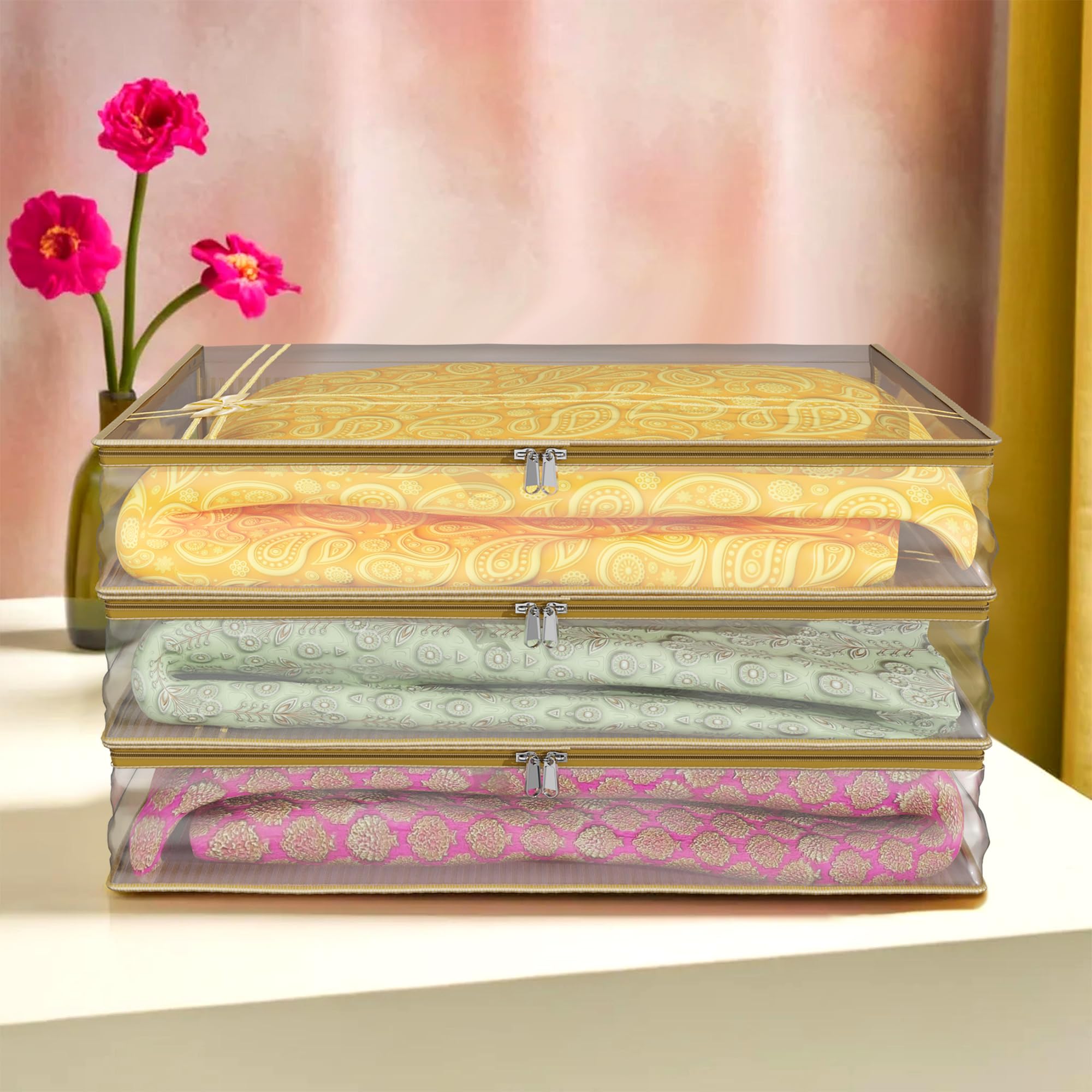 Kuber Industries Saree Cover | Lining Bow Transparent Clothes Storage Bag | Suit Packing Cover | Wardrobe Cloth Storage Organiser with Zip | 3 Inch | Pack of 3 | Gold