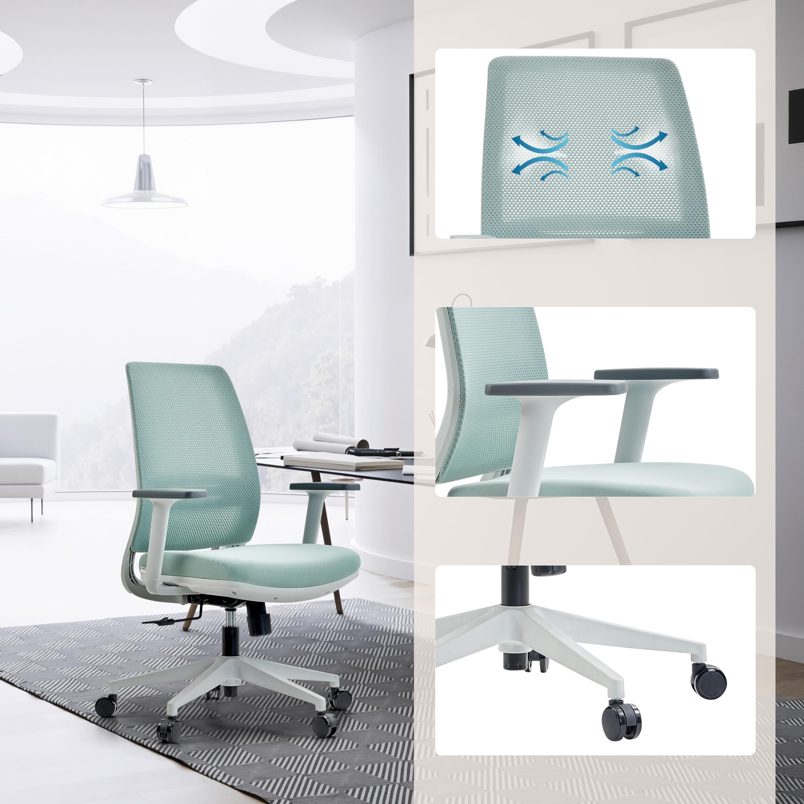 hjh OFFICE Ergonomiczny Fotel Biurowy Profondo Eco W, Oddychający Fotel Obrotowy Z Regulowanym Podparcie Lędźwiowe Siatka/Materiał, Miętowy