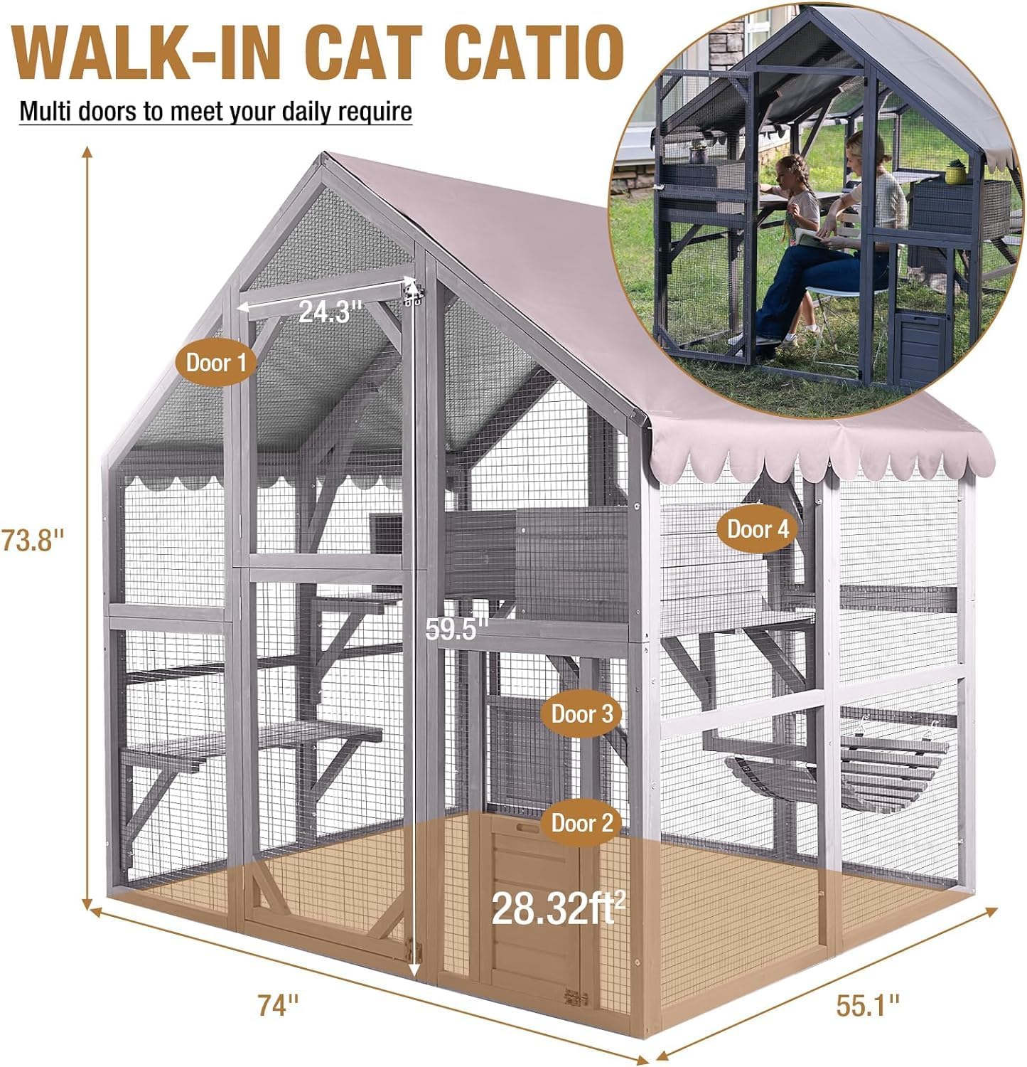 Recinto de Madera Catio para Gatos al Aire Libre Casa para Gatitos Corral Grande para Gatos con Refugio Pequeño Resistente a la Lluvia Interior, Puentes, Cubierta de Techo