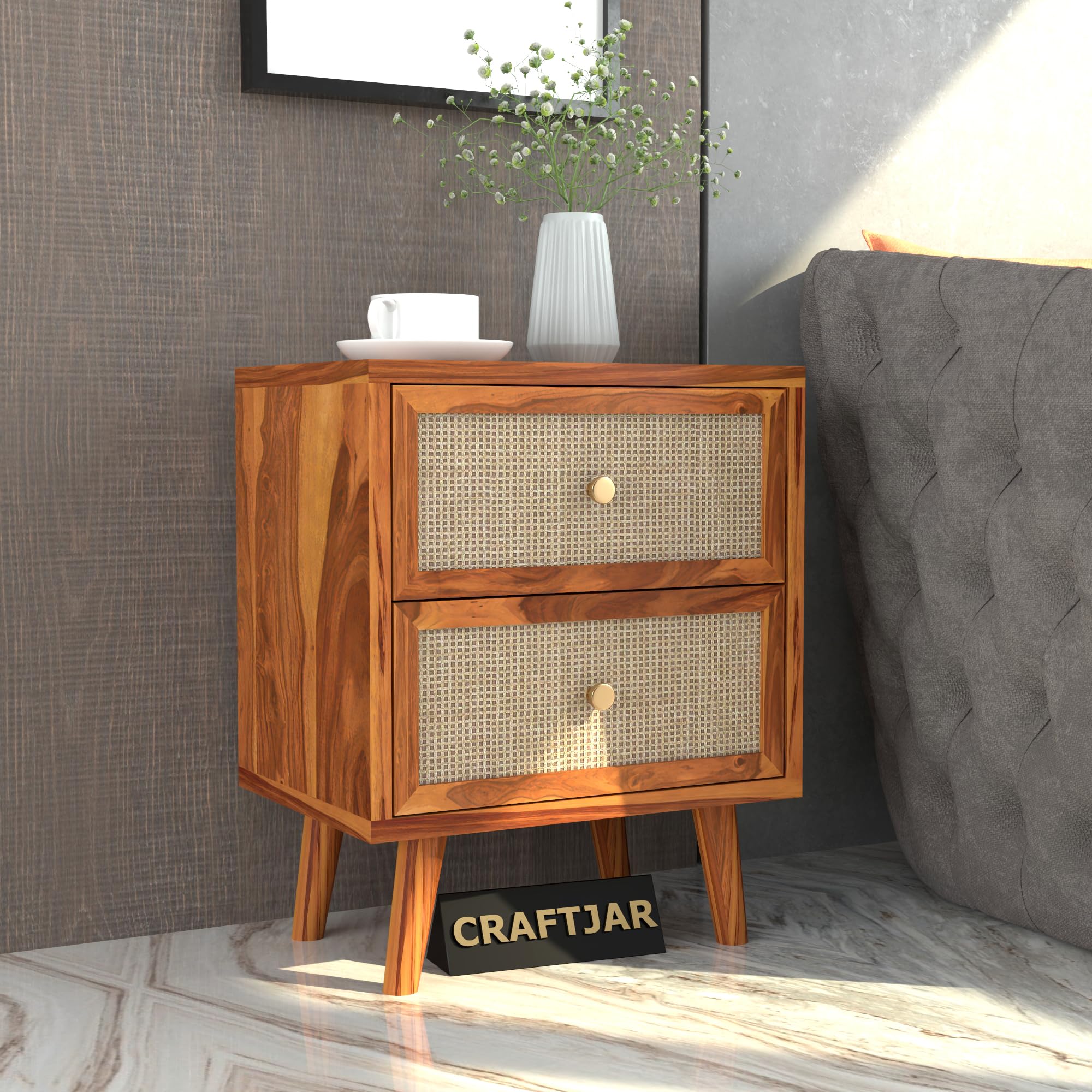 Sheesham Wood Bedside Table for Bedroom | Handmade Pure Wooden Bed Side Nightstand Sofa Side End Table with 2 Drawers Storage for Home & Bed Room | Cane & Rosewood, Honey Finish-image-25