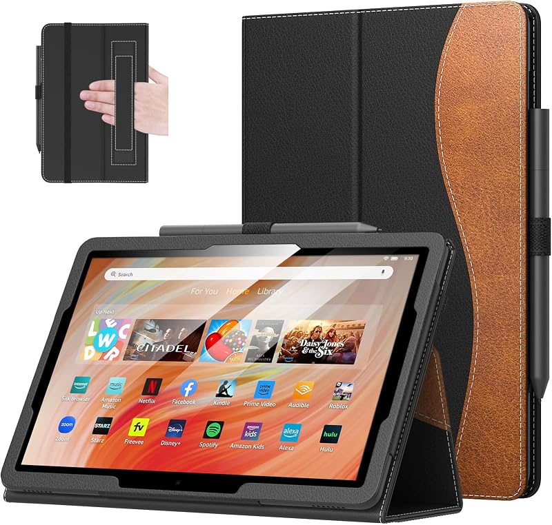 MoKo Case Fits Amazon Kindle Fire HD 10 Tablet (13th Gen), Black/Brown | Slim Folding Stand Cover for 10.1" Fire HD 10/10 Plus Tablet 2026/2023/2021,Auto Wake/Sleep, Hand Strap, Dual Angle, Pen Loop