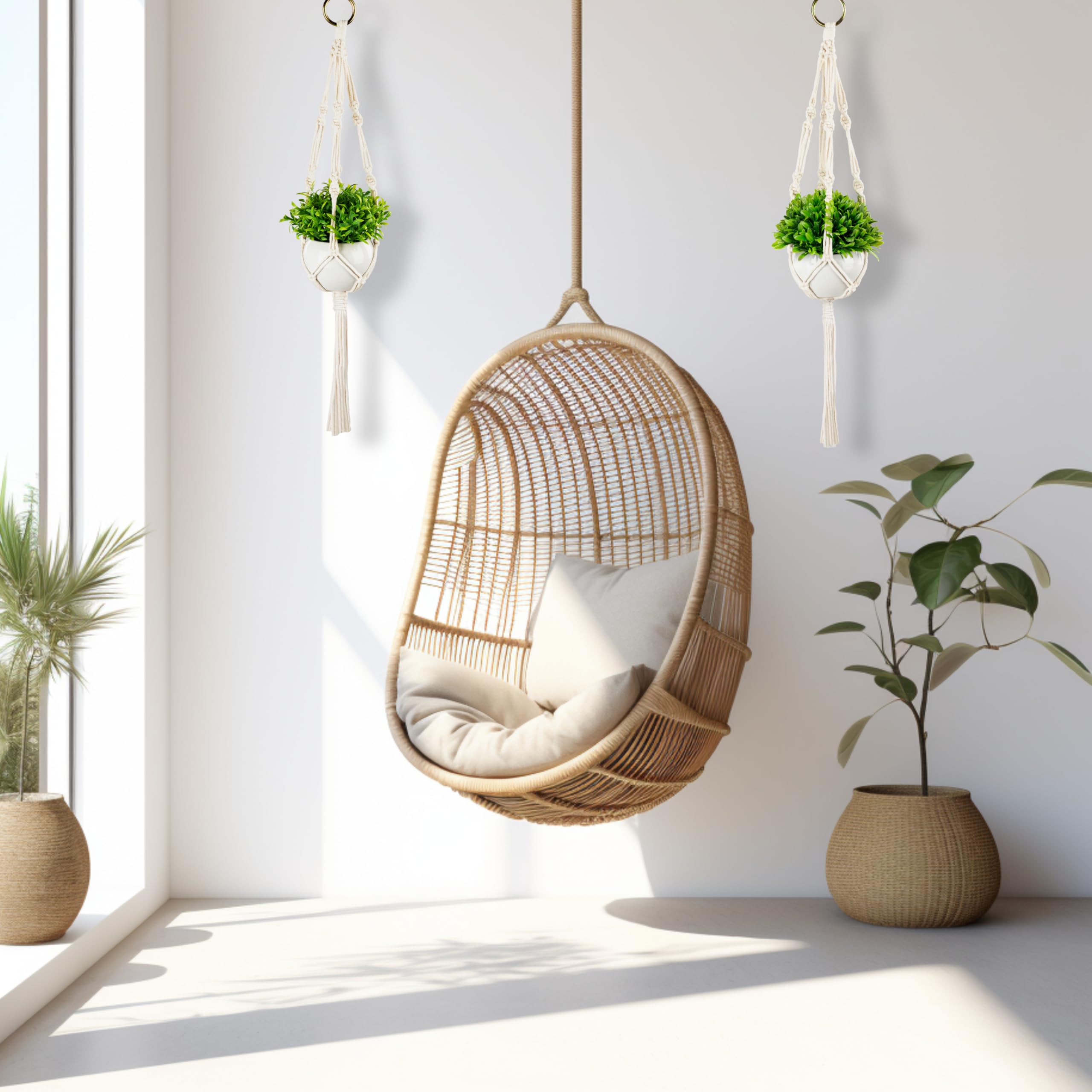 PASCH Lot de 2 plantes artificielles avec macramé suspendu et pots en céramique blanche - Plantes artificielles (14 cm) + suspension en macramé (60 cm) - Plantes suspendues artificielles