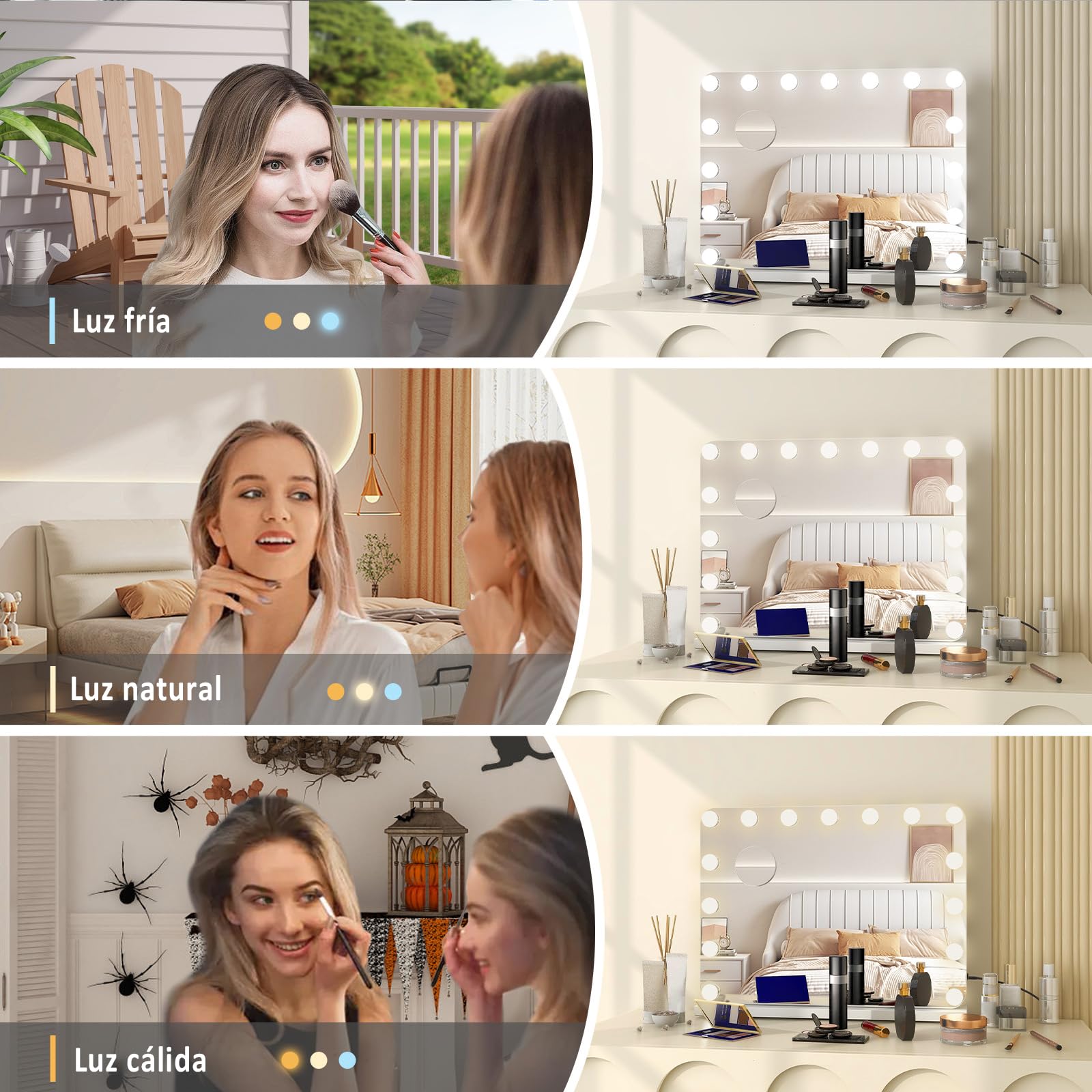 YU YUSING Hollywood Espejo Maquillaje con Luz 15 LED, 58x45 cm, 3 Modos Iluminación Regulables, Espejo Tocador, Controles Táctiles, USB, 10x, Espejos de Mesa Tocador Dormitorio, Esquinas Redondas
