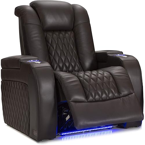 Seatcraft Diamante - Home Theater Seating - Power Recline - Top Grain Leather - Powered Headrests - Cupholders - USB Charging - Ambient Lighting - Arm Storage, Single Recliner, Brown