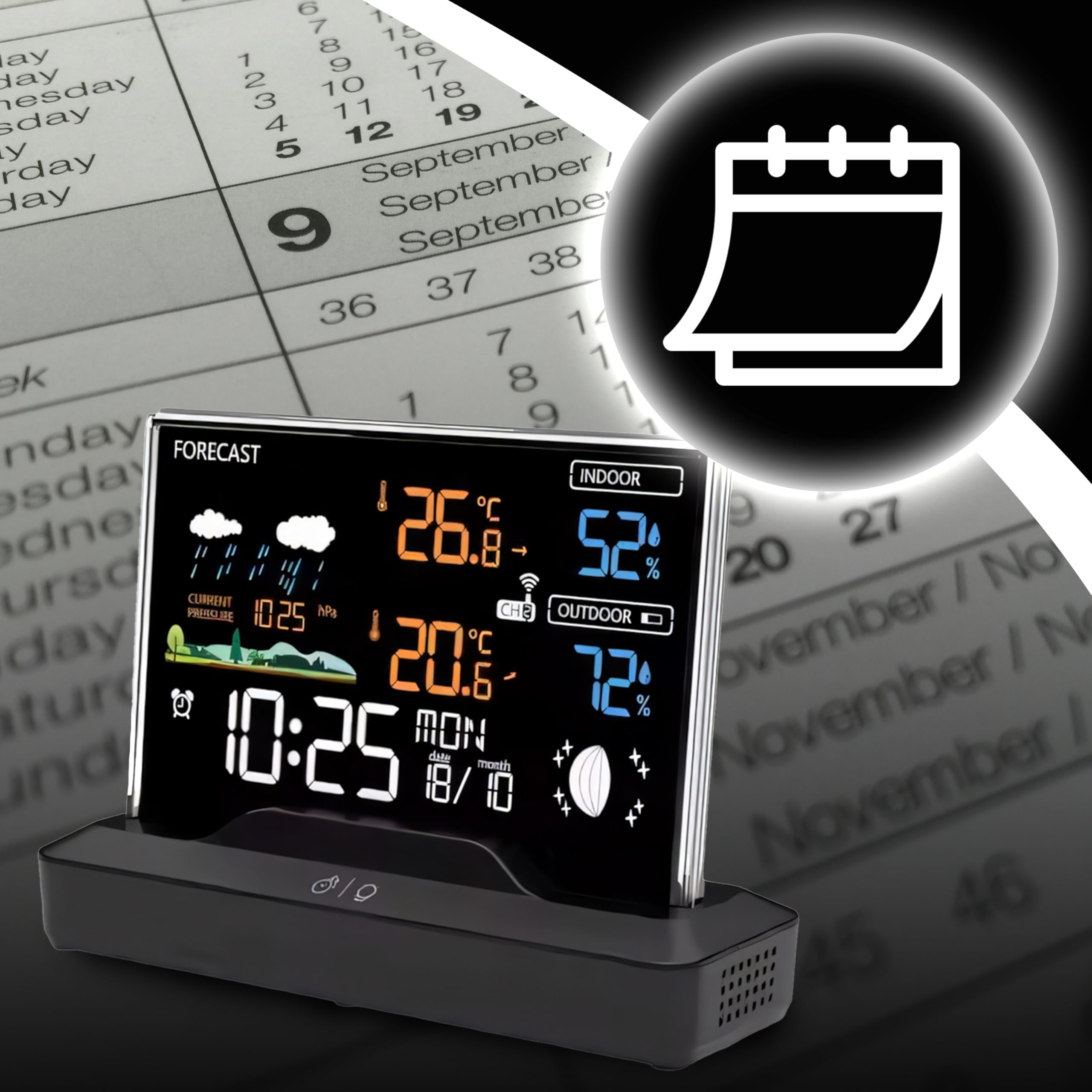 Retoo Stazione Meteo Wireless con Sensore Esterno, Termometro Igrometro Barometro, Display LCD, Previsioni, Fasi Lunari, Orologio Radiocontrollato, Sveglia, Nero