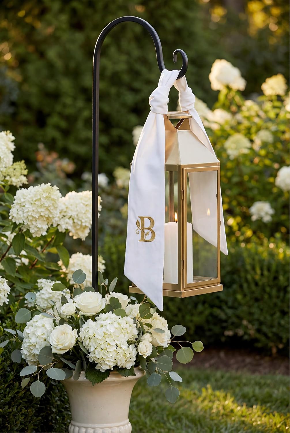 Monogrammed Wreath Sash Letter B for Front Door, Embroidered Gold Initial White Sash, Farmhouse Wedding Holiday Decor, 5 x 55 Inch