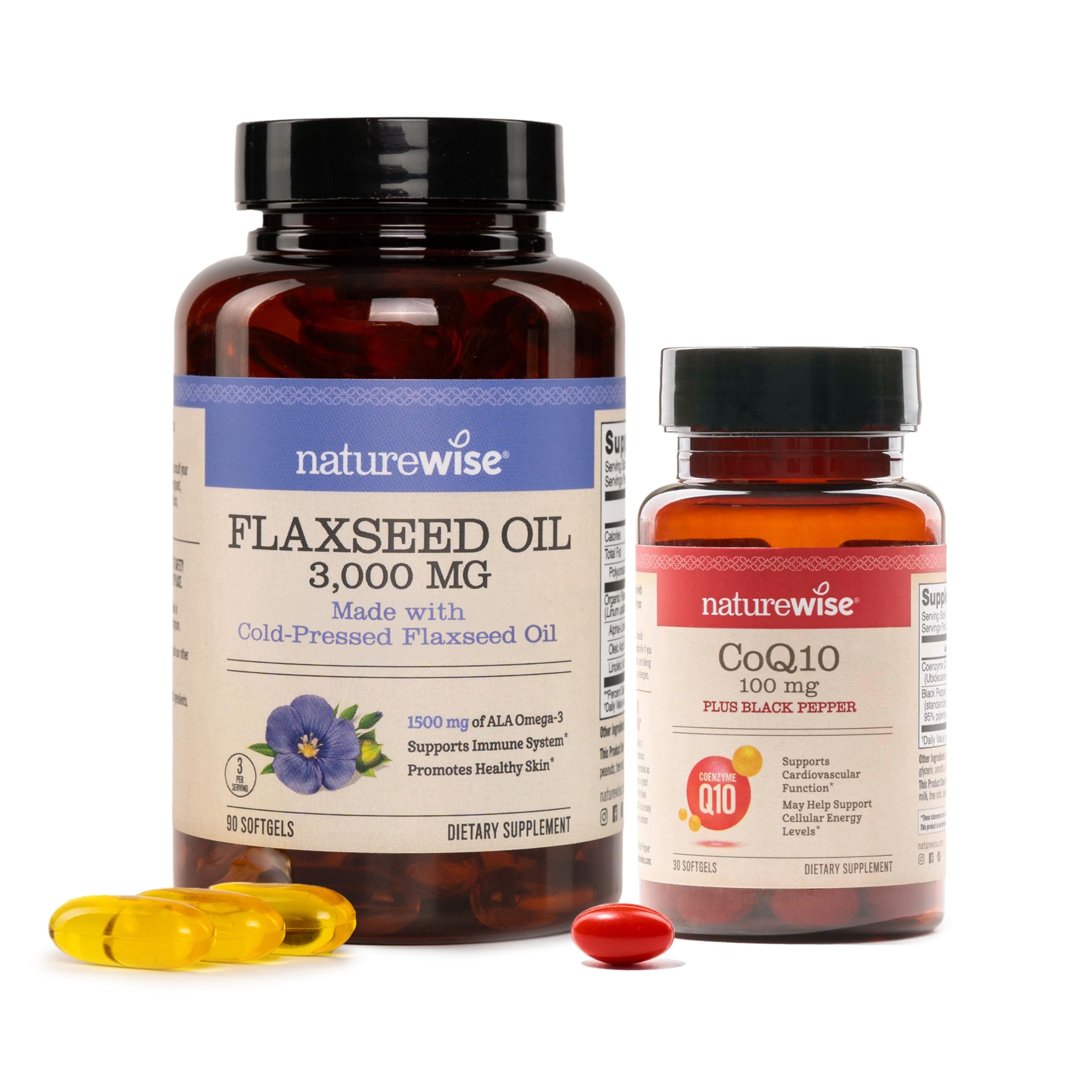 NatureWise [1] Flaxseed Oil 3000 mg - 1500 mg ALA, Organic - 90 Softgels[30-Day Supply] + [1] CoQ10 100mg + Black Pepper, High Absorption - 30 Softgels[30-Day S