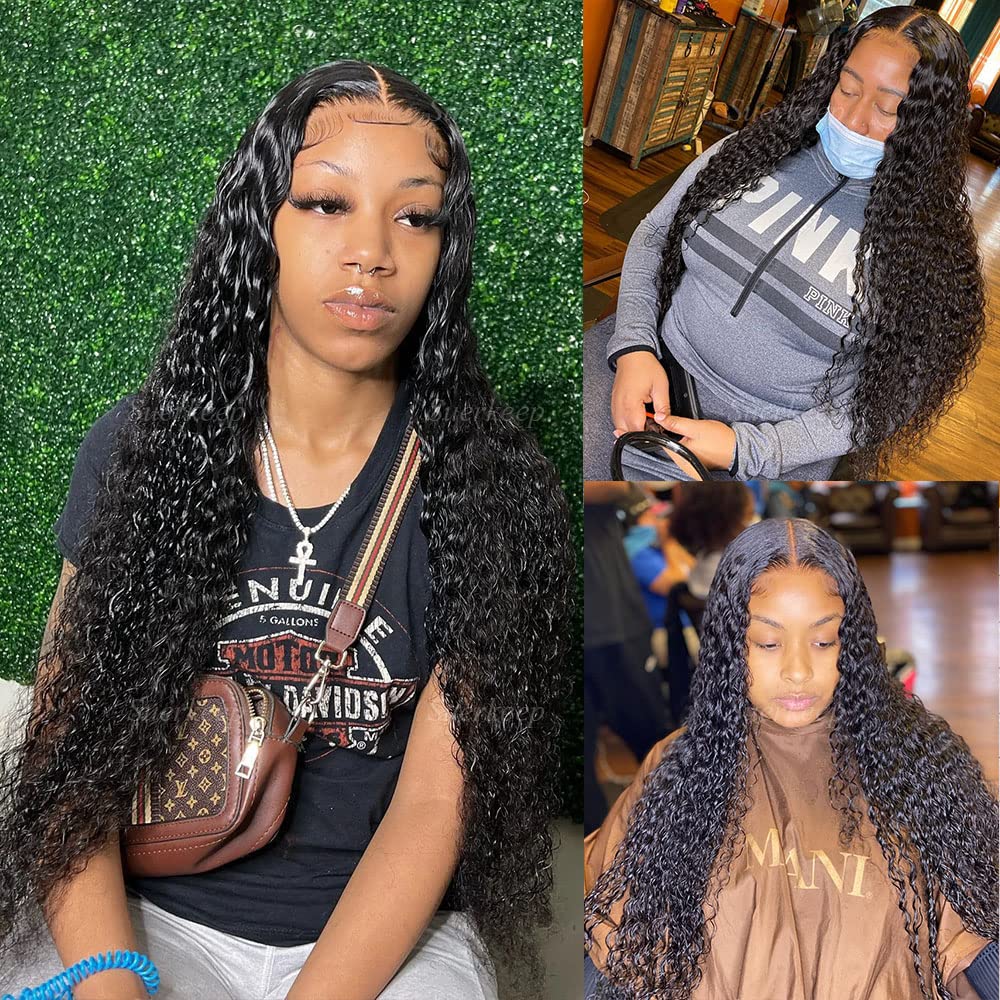 13x4 Water Wave Lace Front Wigs 12A Grade Human Hair Wigs Pre Plucked Deep Curly Lace Frontal Wigs With Baby Hair Unprocessed Brazilian Virgin Hair Wig For Black Women 210% Density