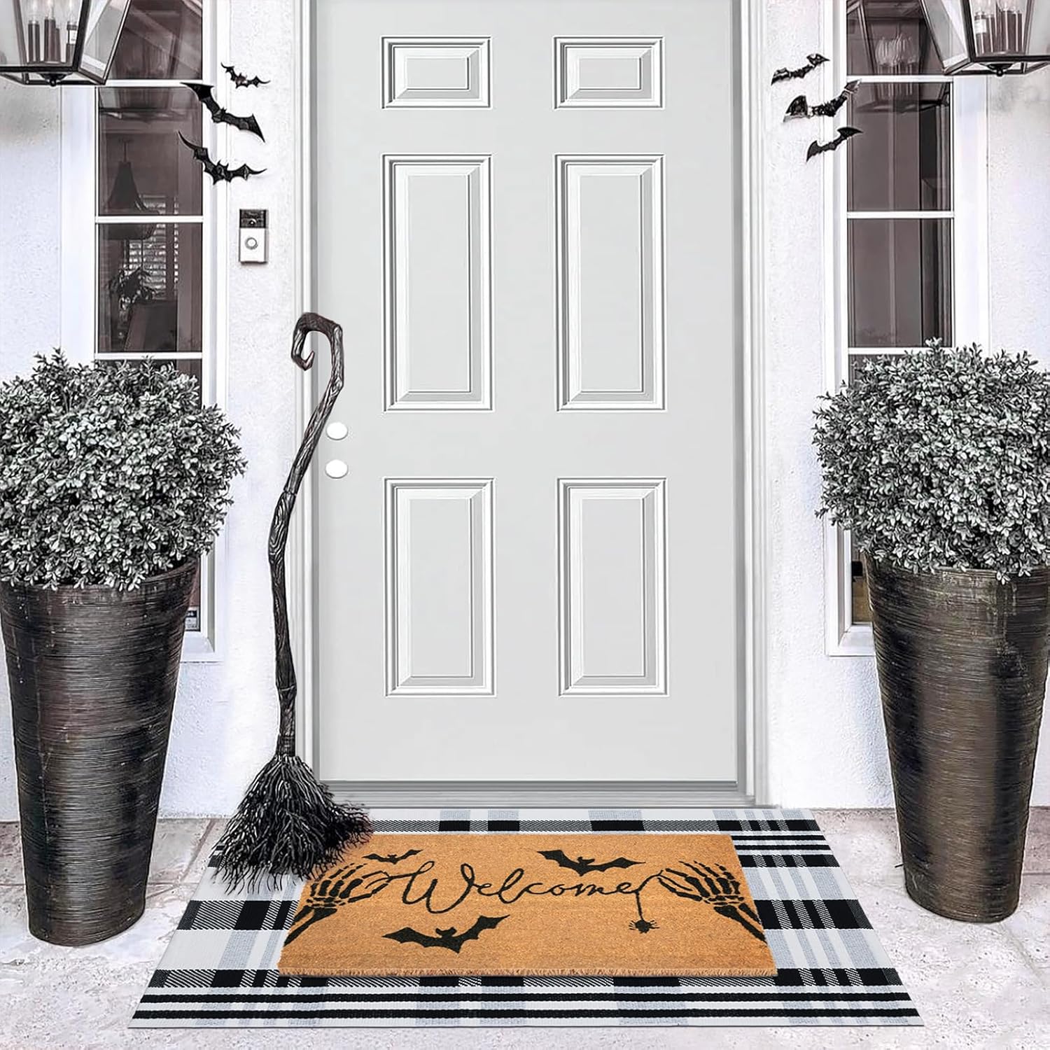 Halloween Welcome Door Mat Combo Set, Skeletal Hand Coco Coir Doormat -28" x 43" Black and White Striped Rug, Autumn Front Porch Entryway Decor Floor Mat