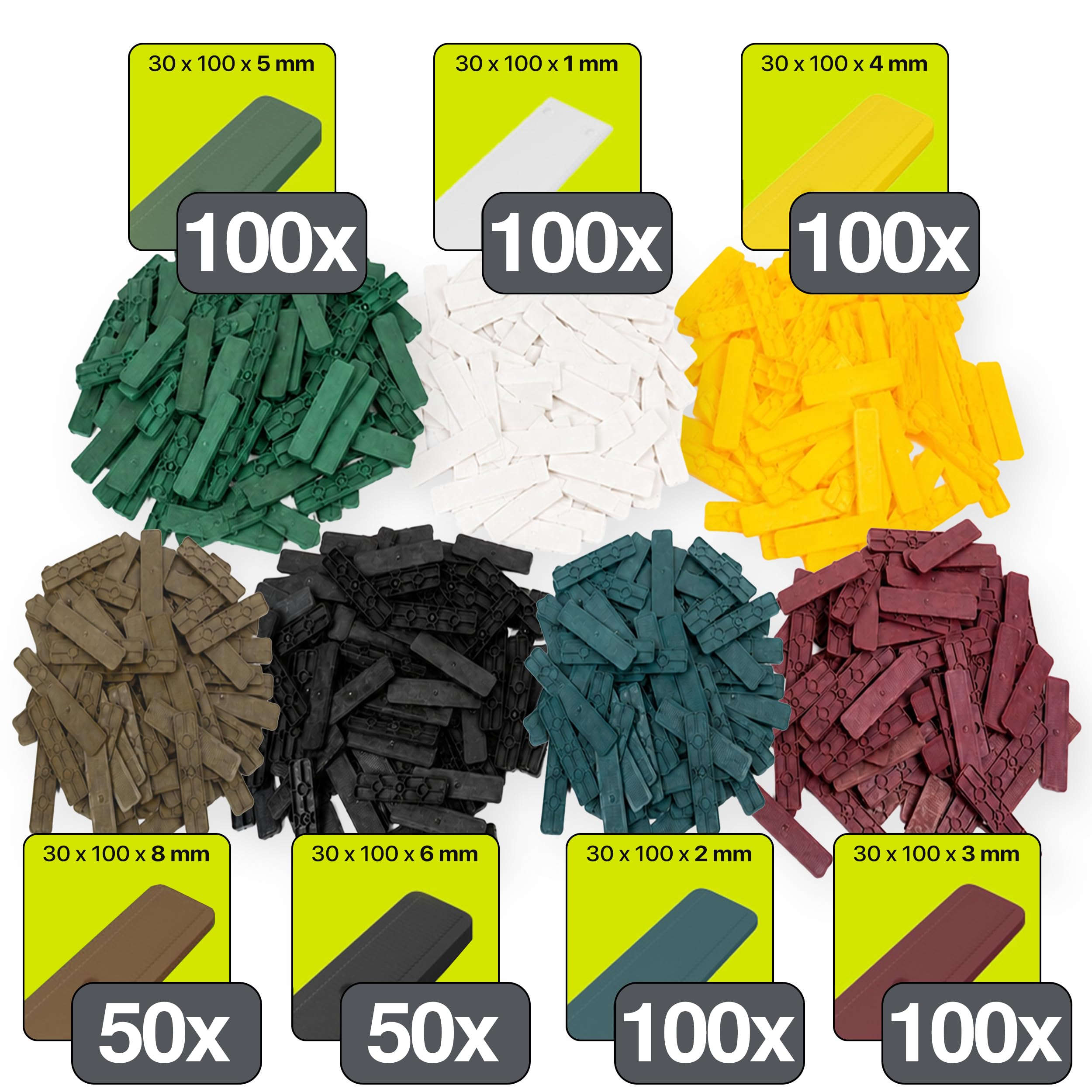 cuñas para cristales | 30 x 100 mm 600 piezas en juego: 1, 2, 3, 4, 5, 6, 8 mm | cuña, cuñas plastico, guillotina para parquet, cuña de plástico | Fabricado en Alemania