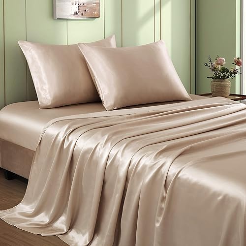 Juego de sábanas de satén beige de 4 piezas, tamaño matrimonial, juego de sábanas de satén sedoso de 15 pulgadas de profundidad de 15 pulgadas,