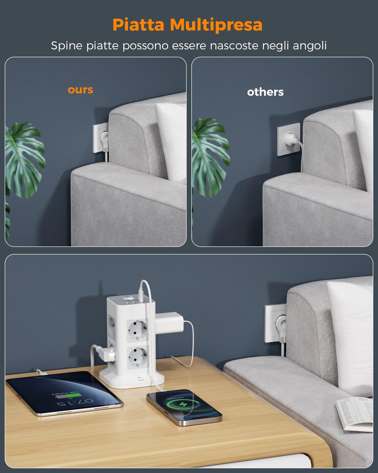 TESSAN Ciabatta Multipresa con USB, Multipresa Verticale con 8 Prese e 3 USB, Multi Presa Elettrica con Spina Piatta con Cavo 2M e Interruttore, 3600W