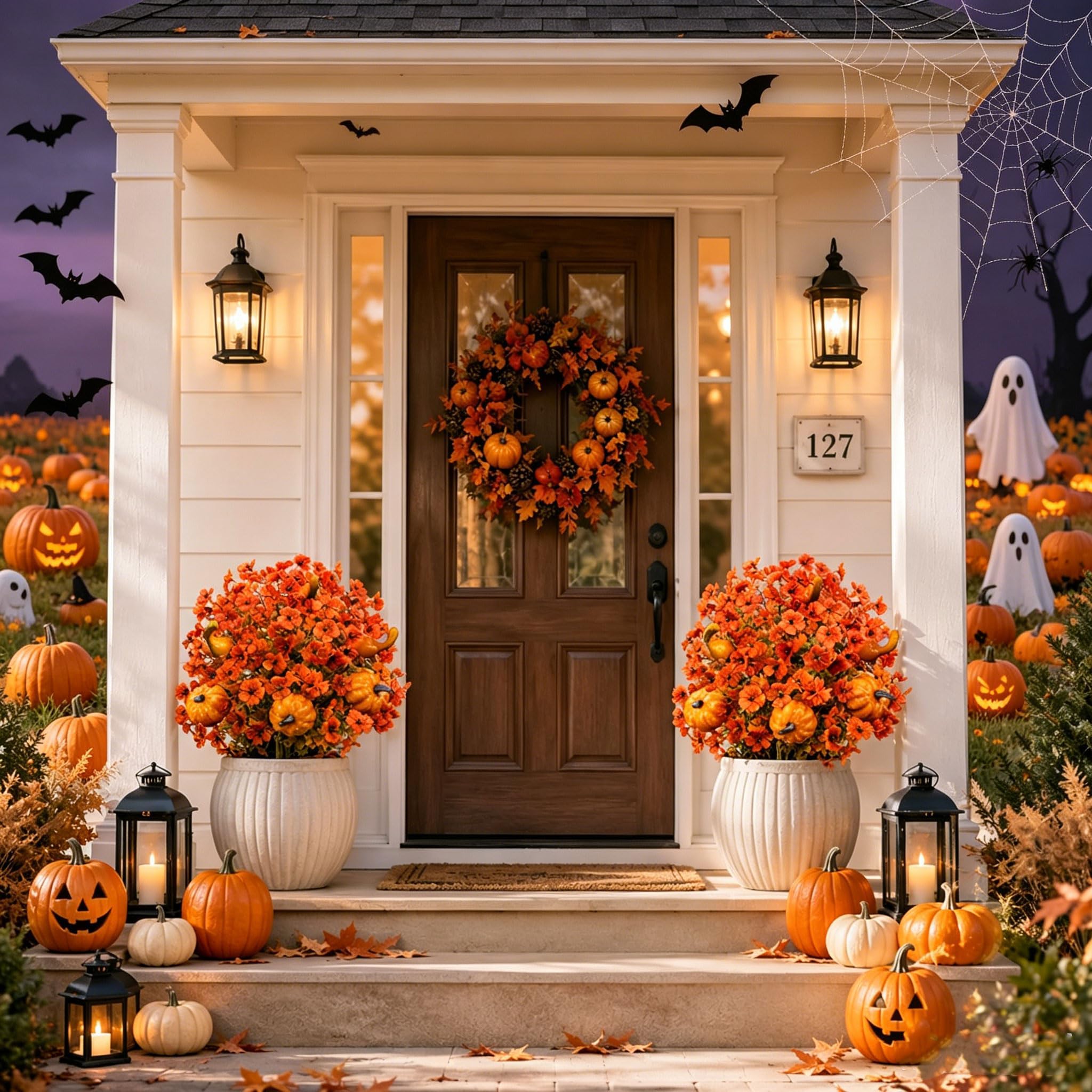 Dekoracja na Halloween, 2 sztuki, sztuczne kwiaty na zewnątrz, sztuczne rośliny do ogrodu, dynie i gałki oczne, do trawników, nawiedzonych domów, dekoracje świąteczne