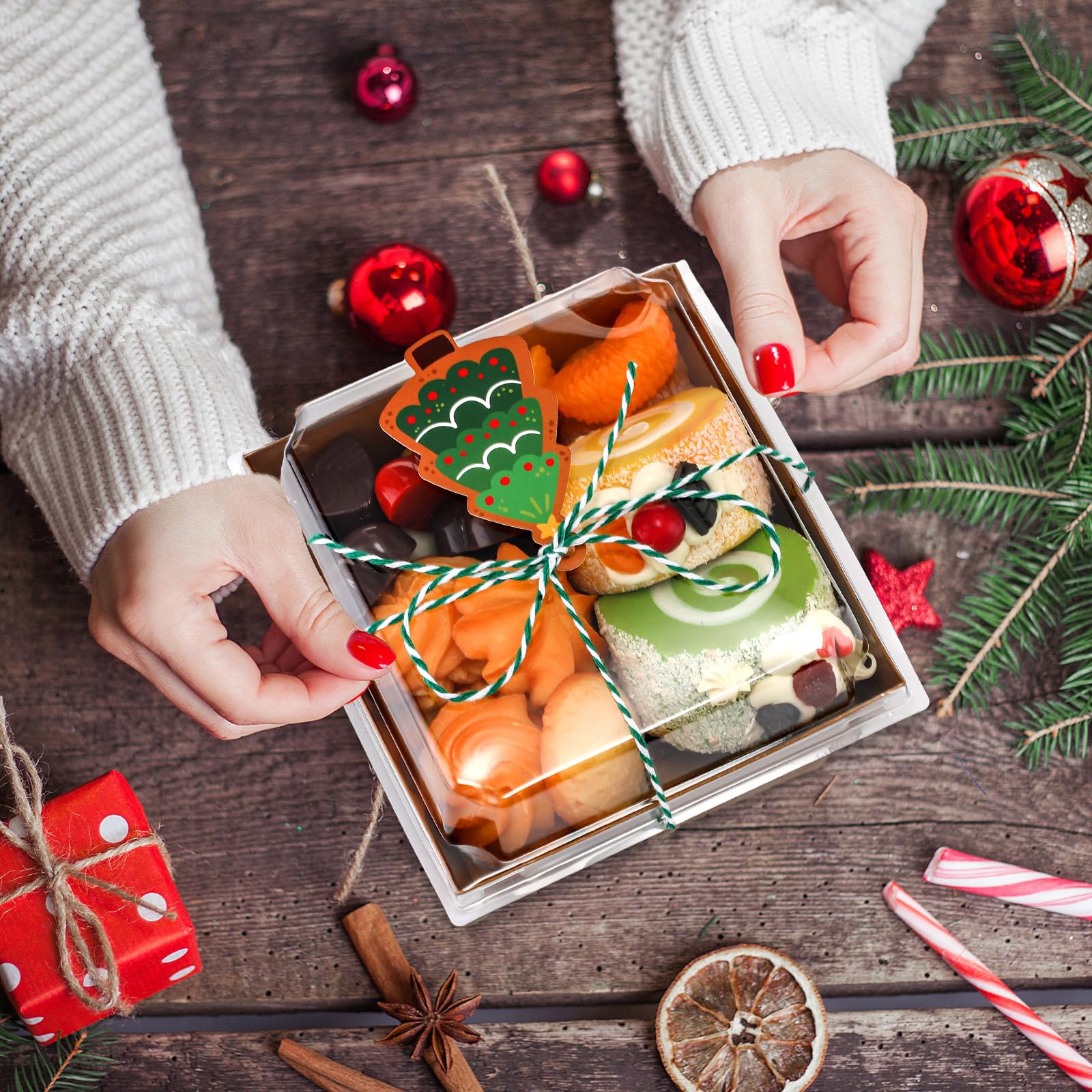 Sliner Scatole di carta per salumi di Natale con coperchio trasparente, mini scatole usa e getta per dolci per panini, biscotti, sushi, fette di torta, fragole (24)