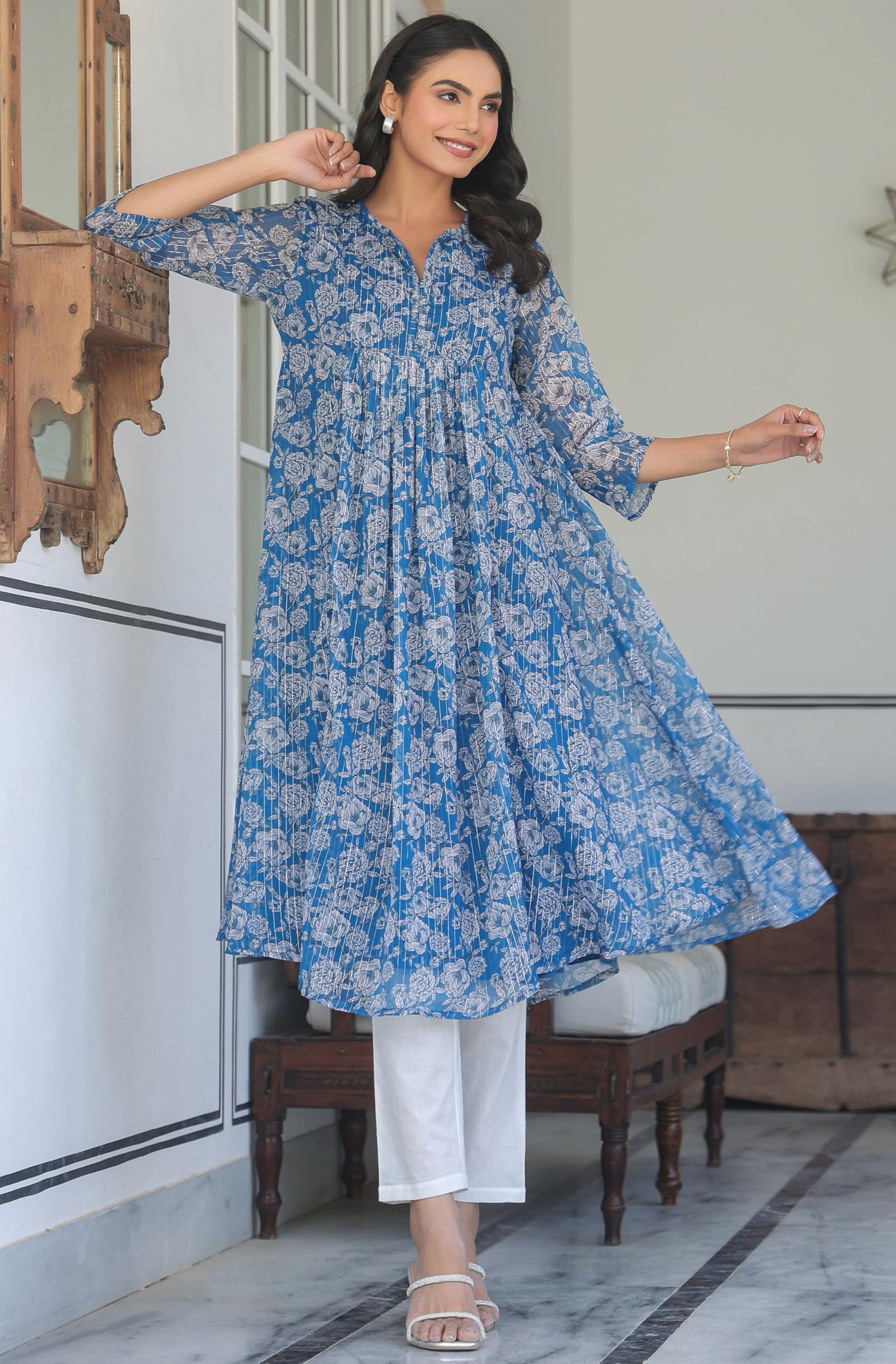 Janasya Women's Chiffon Lurex Floral Printed A-line Kurta product image 4