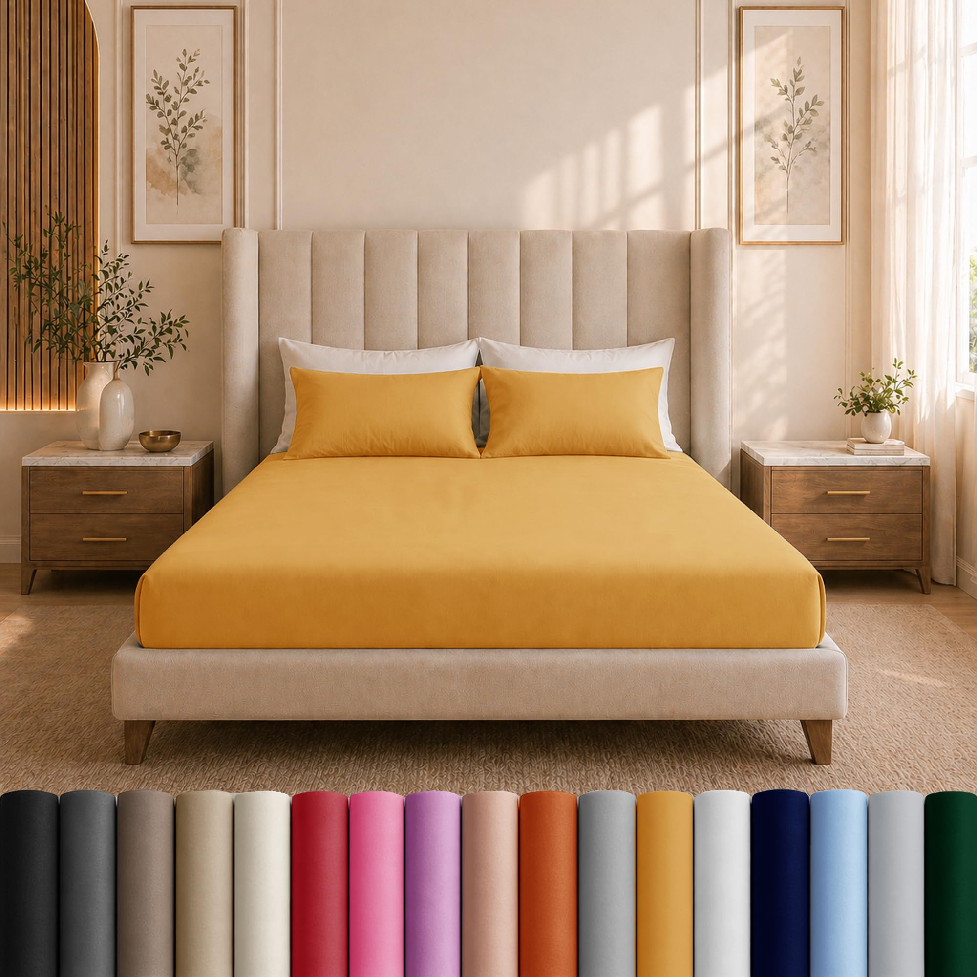 Moonlight Bedding Ochre / Yellow Single Fitted Sheet - 25Cm Deep Pockets Elastic Fitted Bed Sheets - Brushed Microfiber Fade Resistant, Shrinkage & Wrinkle Free Easy Care Fitted Single Bed Sheets (91 X 190 Cm)