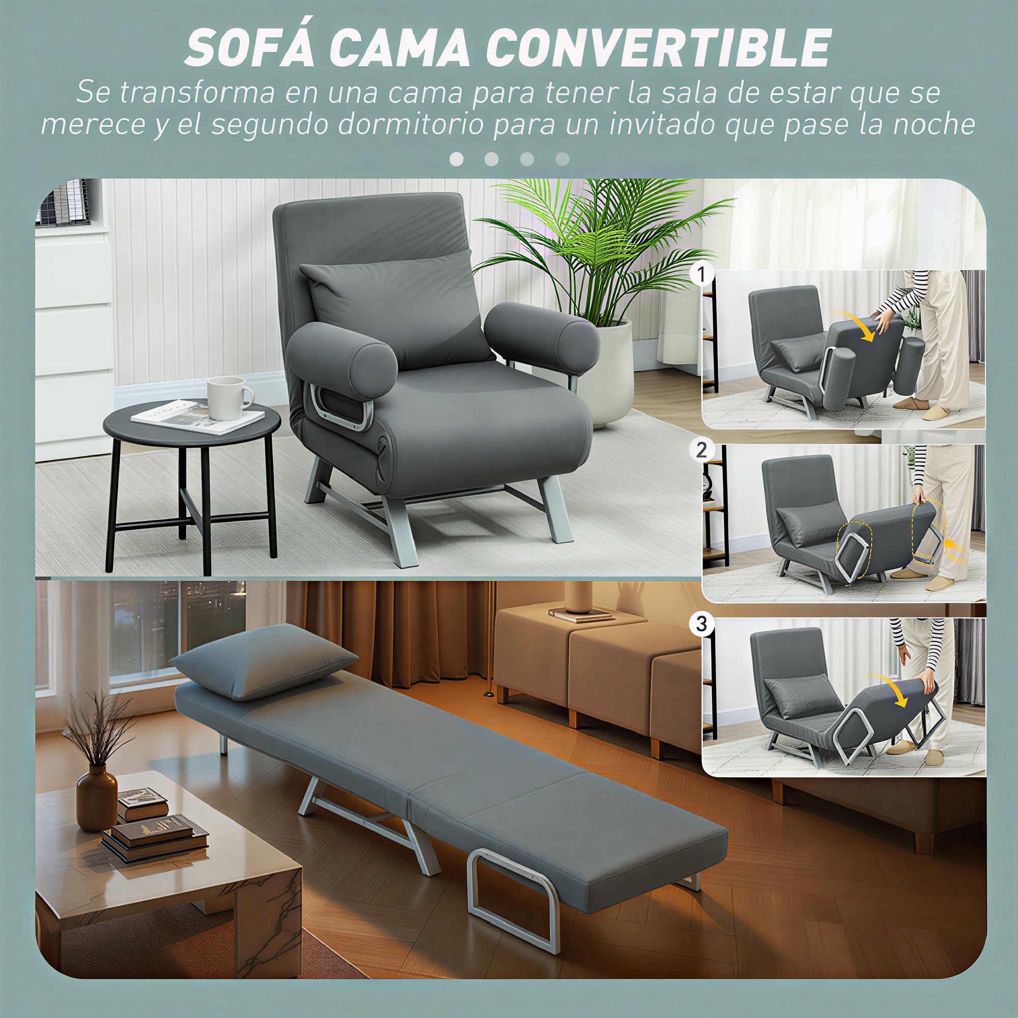 HOMCOM Sofá Cama de 1 Plaza 3 en 1, Sofá Cama Plegable Tapizado en Lino Sintético con Respaldo Ajustable de 5 Niveles y Almohada Acolchada, para Oficina, Dormitorio, Salón, 73x78x81 cm, Gris Oscuro