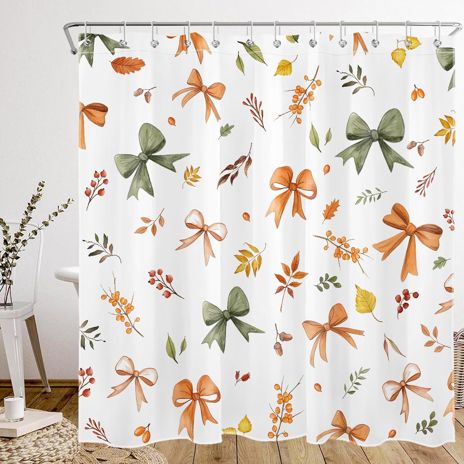 Rustic Fall Shower Curtain for Bathroom Decor, Orange Maple Leaf and Bow on White Shower Curtain with Hooks Autumn Thanksgiving Bathroom Curtains Shower Set, 72W x 78L inches