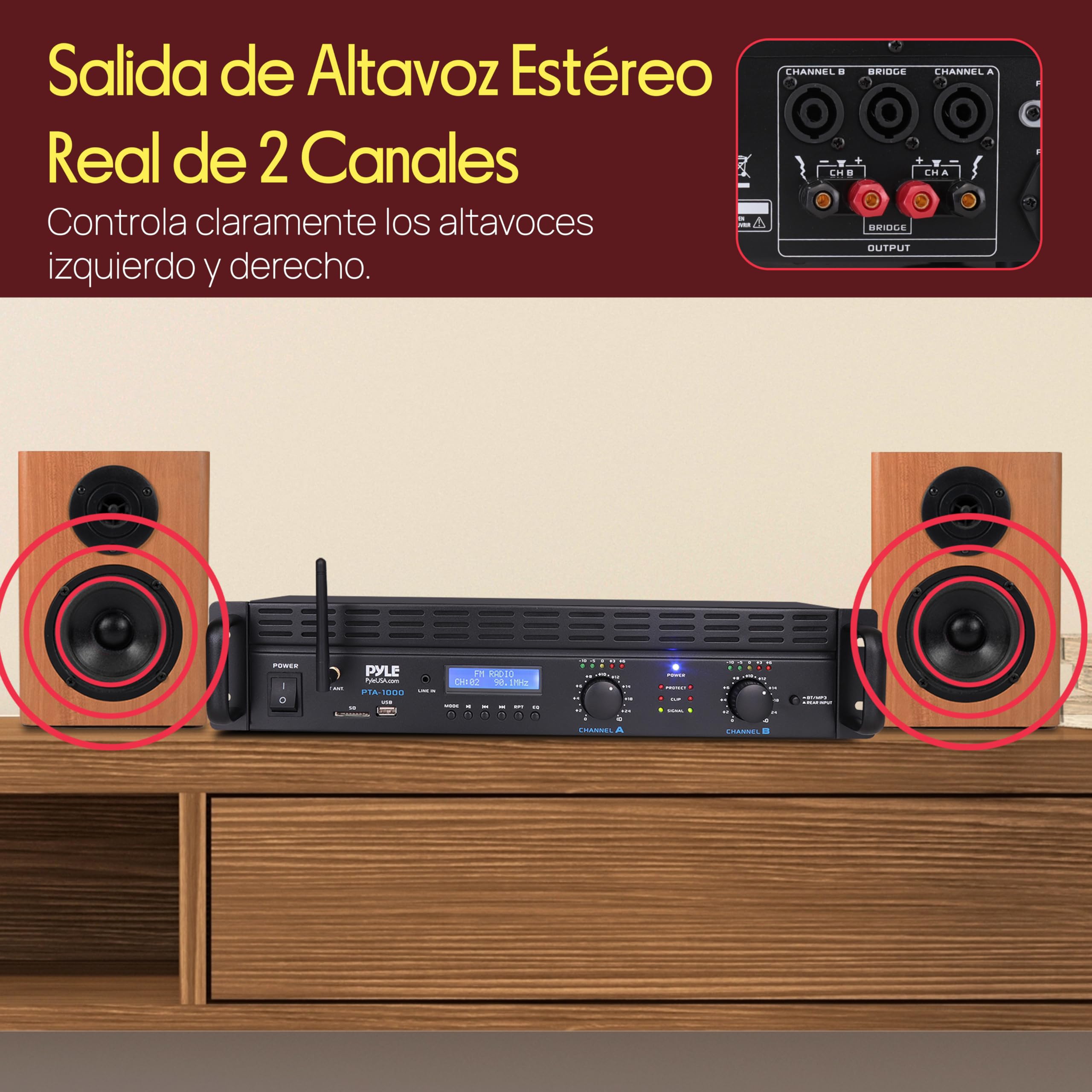 Pyle Amplificador de Potencia Bluetooth de 2 Canales, 2000 W, Montaje en Rack, Receptor estéreo inalámbrico de Audio Profesional con Entrada TRS XLR, LCD, Modo Puente, Ventilador de refrigeración