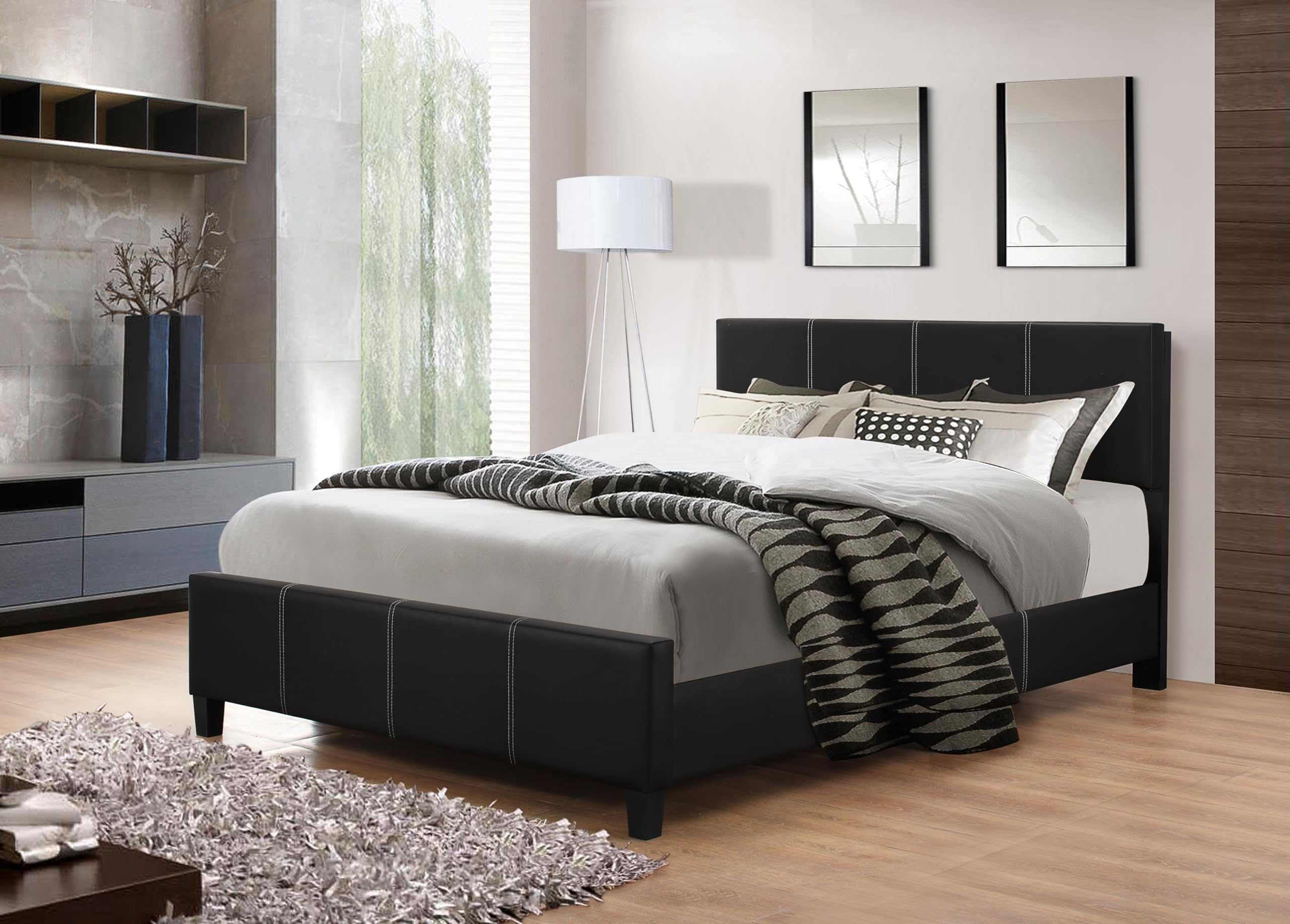 GTU Furniture Queen Upholstered Faux Leather Headboard with Platform Bed Frame in Black