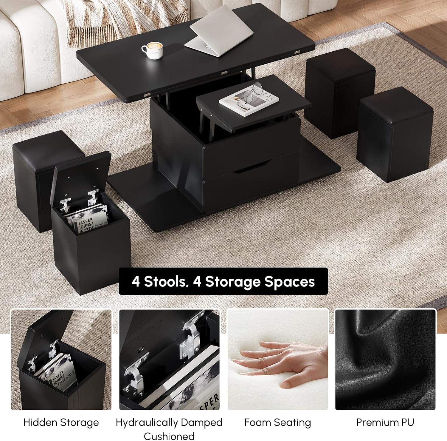 homary Coffee Table with Stools, Black 3-in-1 Modern Lift-Top Folding Center Table with Hidden Storage, Casters, and Lockable Wheels ¨C Convertible Dining & Office Table for Living Room