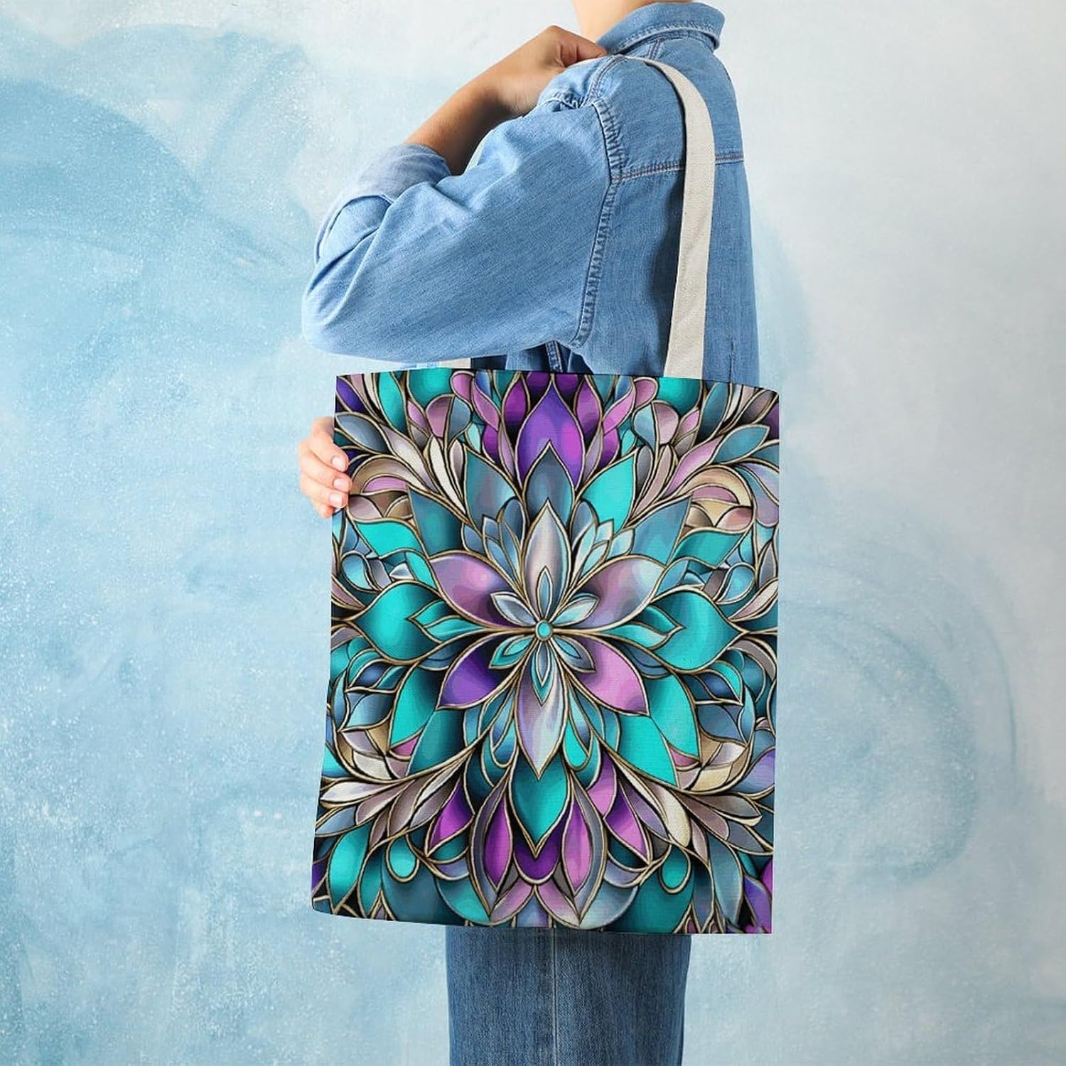 Painted Floral Patterns Canvas Tote Bag Reusable Grocery Bags Foldable Soft Cotton Shoulder Carry Bag