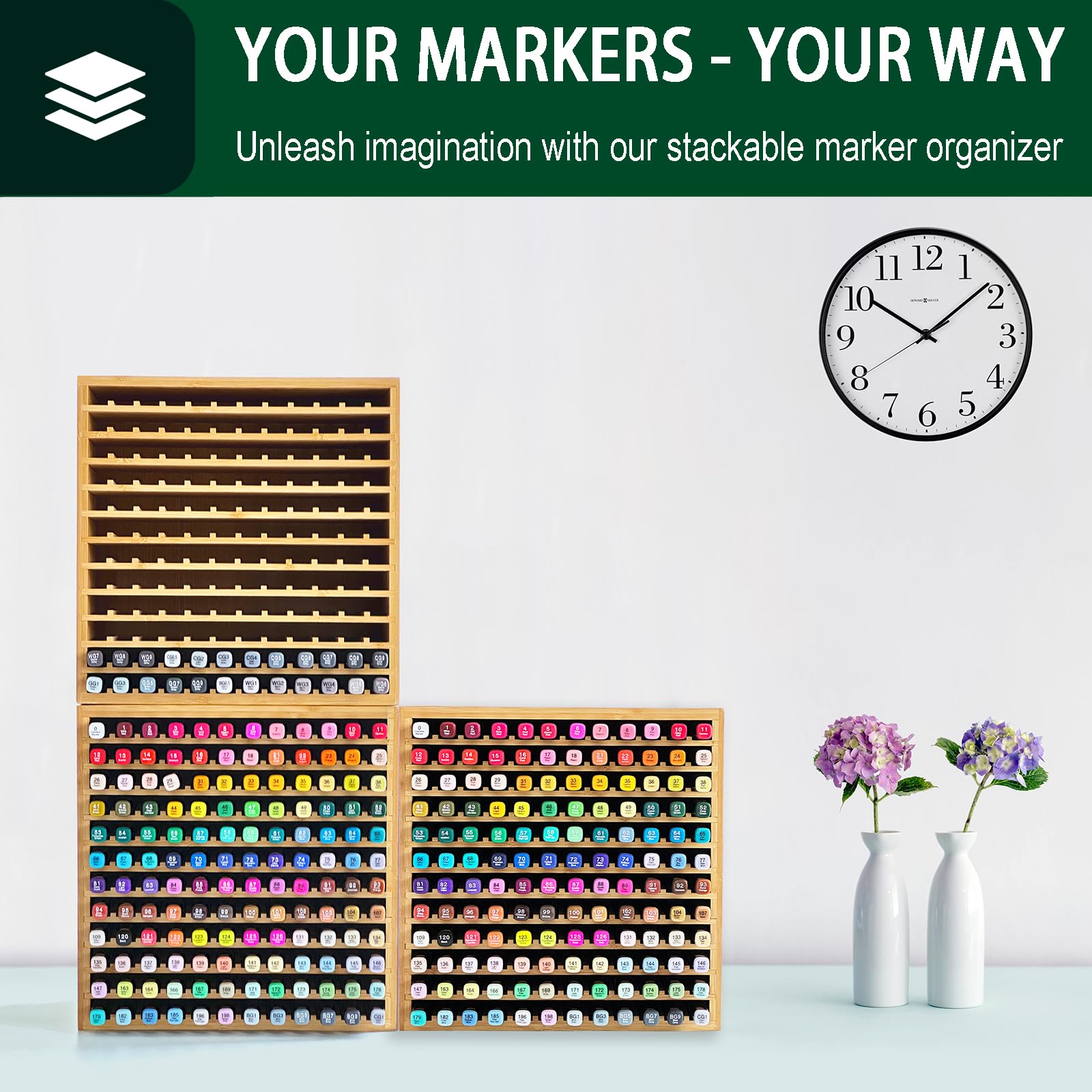 MinBoo Organiseur pour 144 marqueurs, fournitures d'art en bambou, marqueurs artistiques, stylos, crayons de couleur, pinceaux, organisateur de papeterie pour la maison, la salle de classe, le bureau,