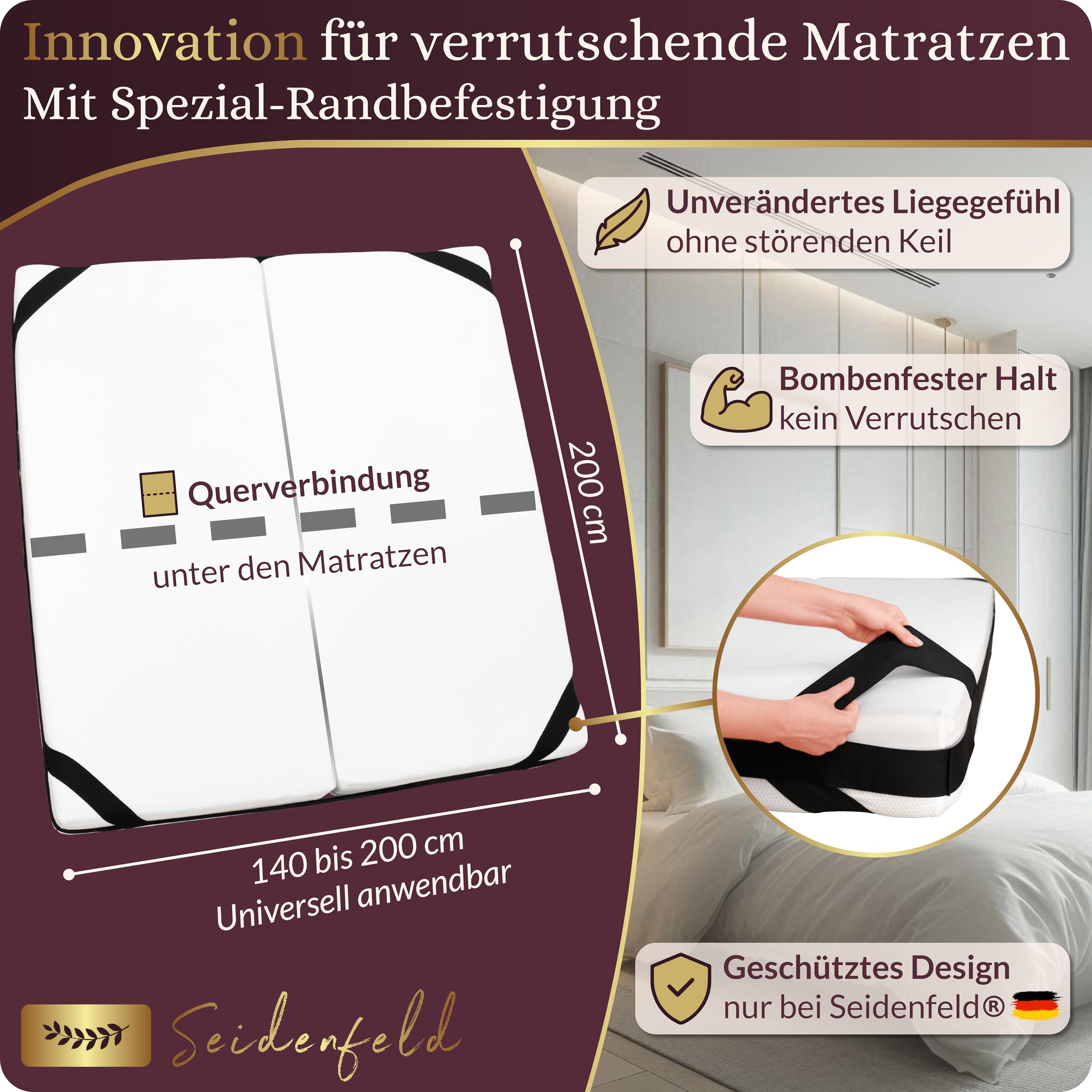 Liebesbrücke: Flexibler Bettrahmen für Matratzen [200cm x 140-200 cm] gegen Besucherritze und verrutschende Matratzen | Matratzenverbinder | Besucherritzenfüller | Matratzenhalter