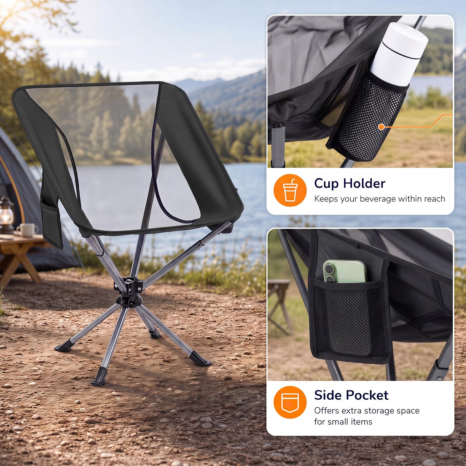 COSTWAY Campingstuhl Faltbar Ultraleicht Kleines Packmaß 360° Drehbar | Klappstuhl mit Getränkehalter & Seitentasche, Angelstuhl 150KG Belastbar, Faltstuhl für Picknick, Outdoor, Wandern