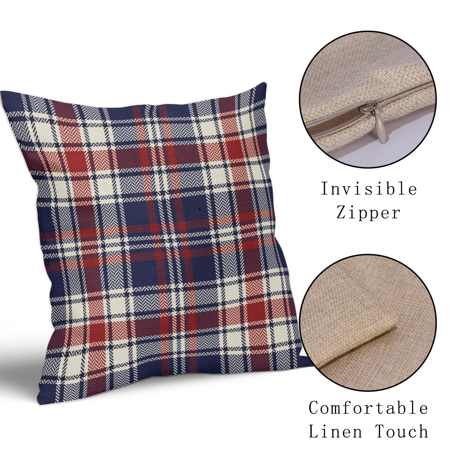 4th of July Patriotic Blue Red Plaid Pillow Covers 18x18 Set of 2 Fourth July Independence Print Decorative Outdoor Pillowcases Memorial Day Holiday Farmhouse Throw Cushion Case Couch Sofa Bed Decor 3