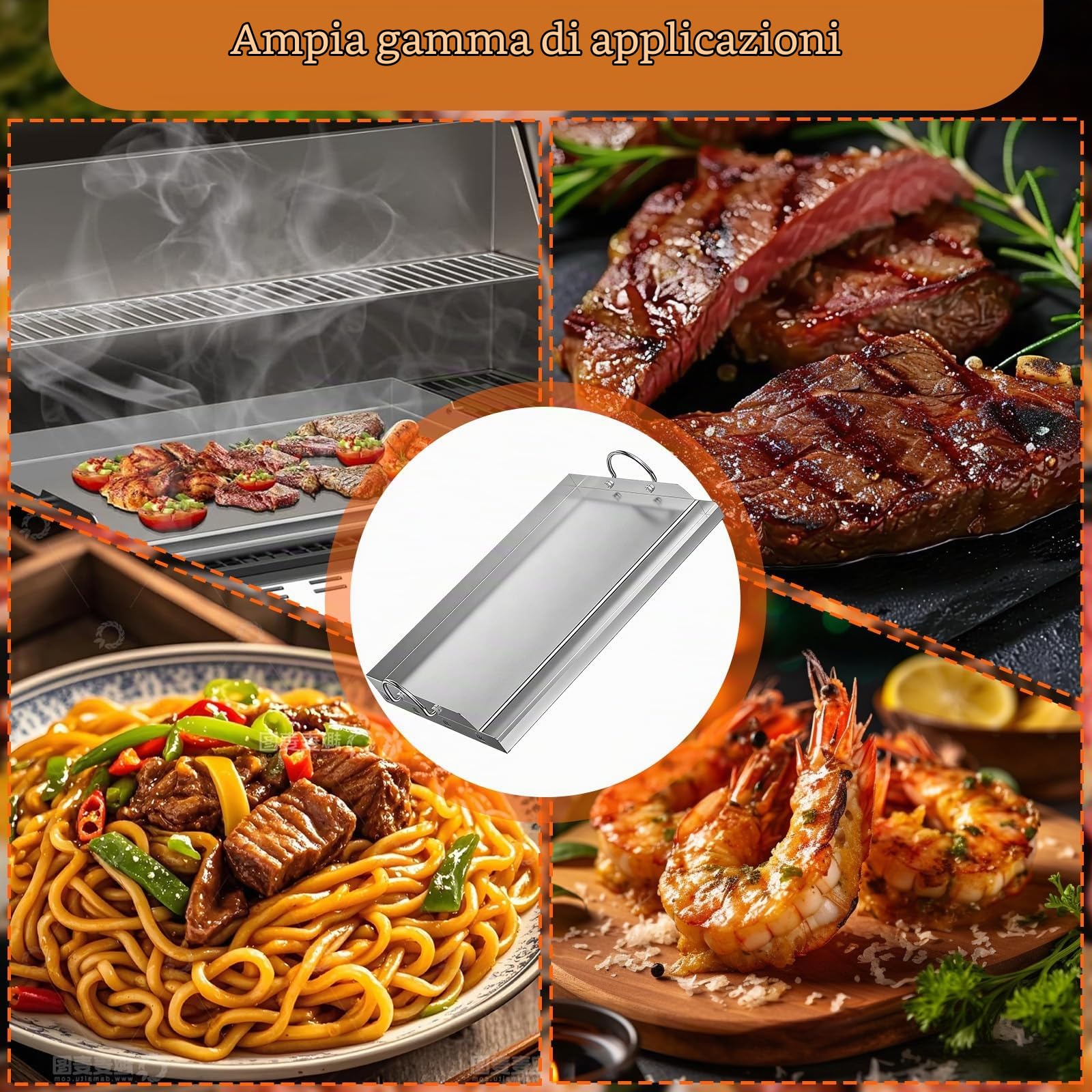 Piastra Acciaio Inox con 2 Spatole e Manici, Raschietto, Bistecchiera Rettangolare Universale 58x41x7.5cm, Piastre Barbecue Ghisa Fornelli Gas Accessori Griglia BBQ per Campeggio Festa Eventi Esterno