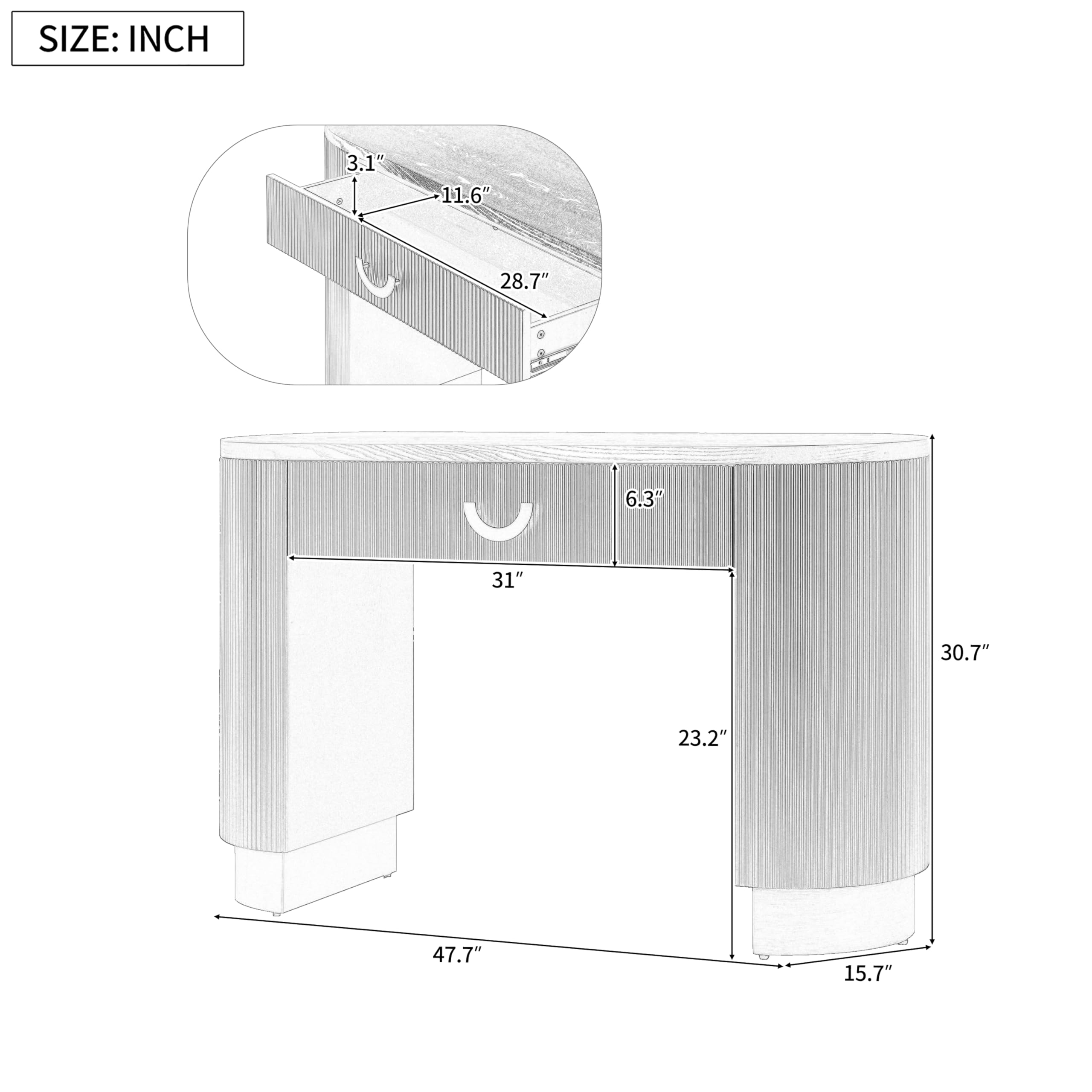 Tavolo consolle moderno con cassetto funzionale e gambe a colonna curve, design verticale a coste, tavolo d'accento per ingresso, per corridoio, soggiorno o dietro il divano