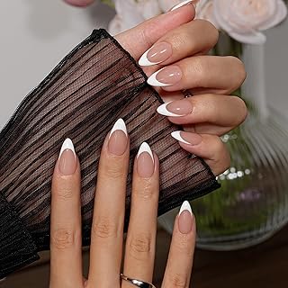 KQueenest White French Tip Press On Nails Short Medium Almond, Natural Nude Full Cover French Tip Fake Nails With Glue, Reusable Glue on Nails for Women Daily Wedding in 24 Pcs