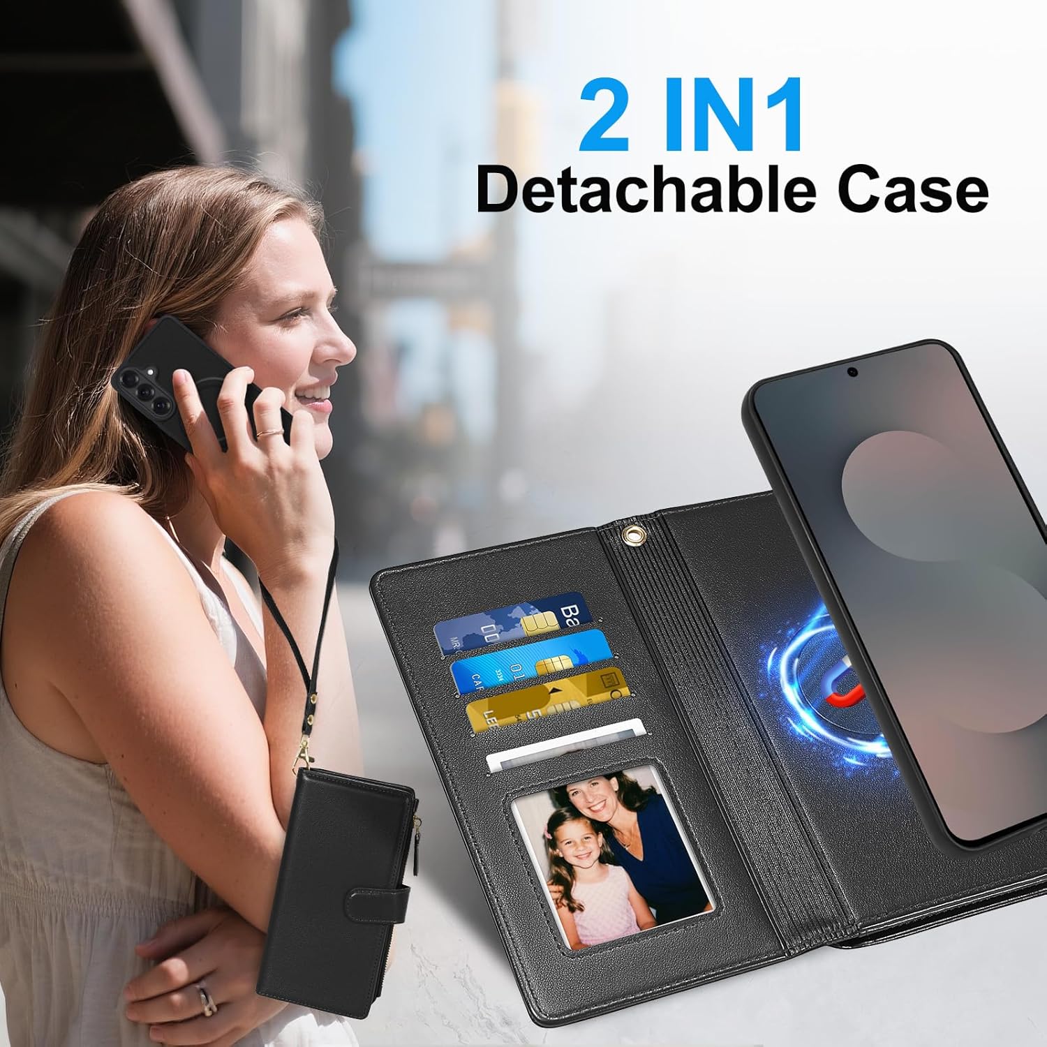 Harryshell 2 in 1 for Samsung Galaxy S26 Plus Wallet Case Magnetic Compatible with Magsafe RFID Blocking Card Holder Detachable Phone Cover Zipper Purse Kickstand Wrist Strap for Men Women Black