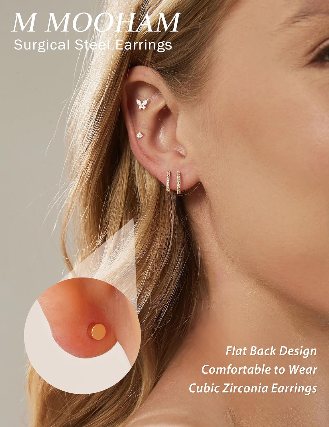 M MOOHAM Hypoallergenic Earring Jacket Stacks - 7 Pairs 14K Gold Plated Flat Back Earrings Dainty Huggie Hoop Cartilage Helix Earring Jacket, Fashion Accessories Western Jewelry Gifts - Image 5