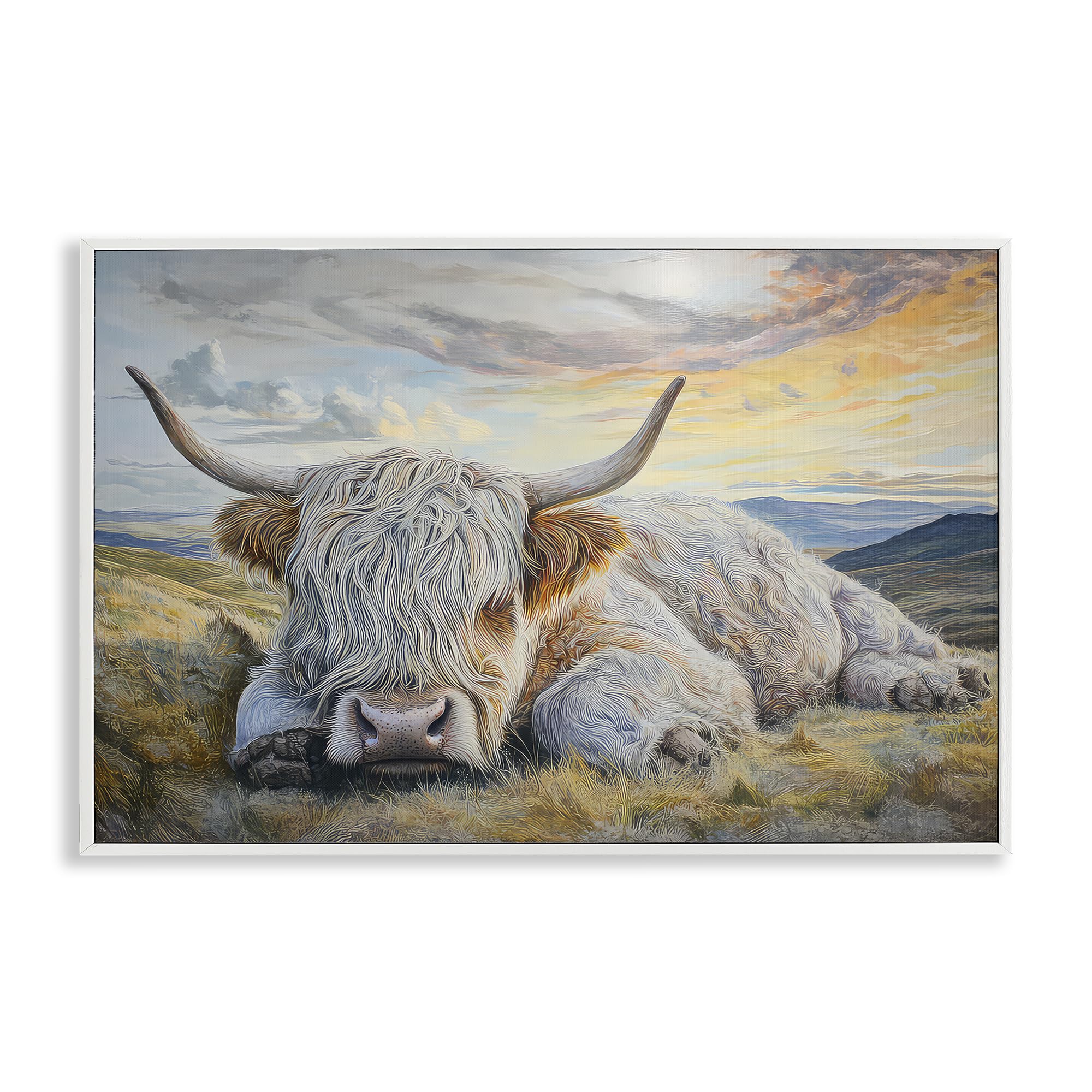 Stupell Industries Sleeping Highland Cow Sunset Sleeping Highland Cow Pastoral, 20 X 30 Inch Framed Giclée Print