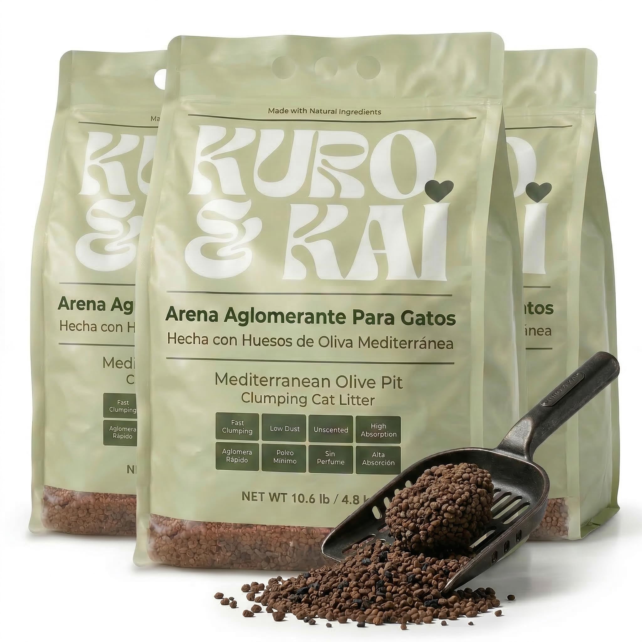 KURO & KAI Arena Natural para Gatos de Hueso de Oliva – Aglomerante, Sin Perfume, Carbón Activo, Poco Polvo, 4,8 kg — view 9