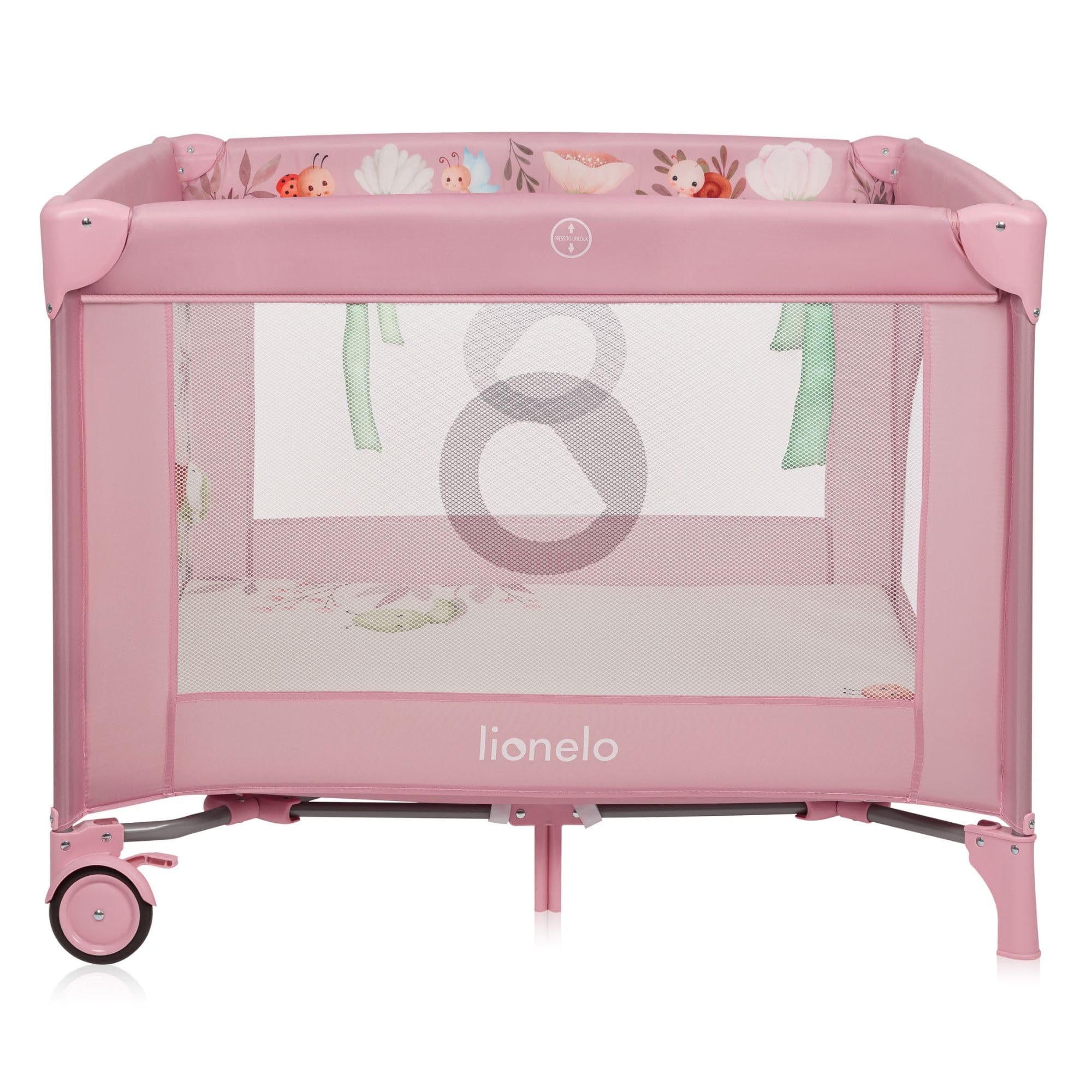 LIONELO MILLE PLUS Parc pour bébés 2-en-1 et jusqu’à 15 kg, de 0 à 36 mois, Entrée latérale, Matelas 3D, 2 roues avec frein, Pliable, Sac de transport inclus