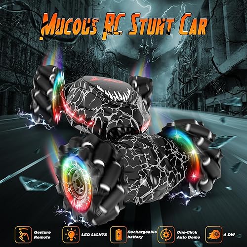 Miniatura 2 de Auto de acrobacias a control remoto, detección de gestos LED de 2.4 GHz, rotación de doble cara 4WD con luces y música, automóvil de deriva de