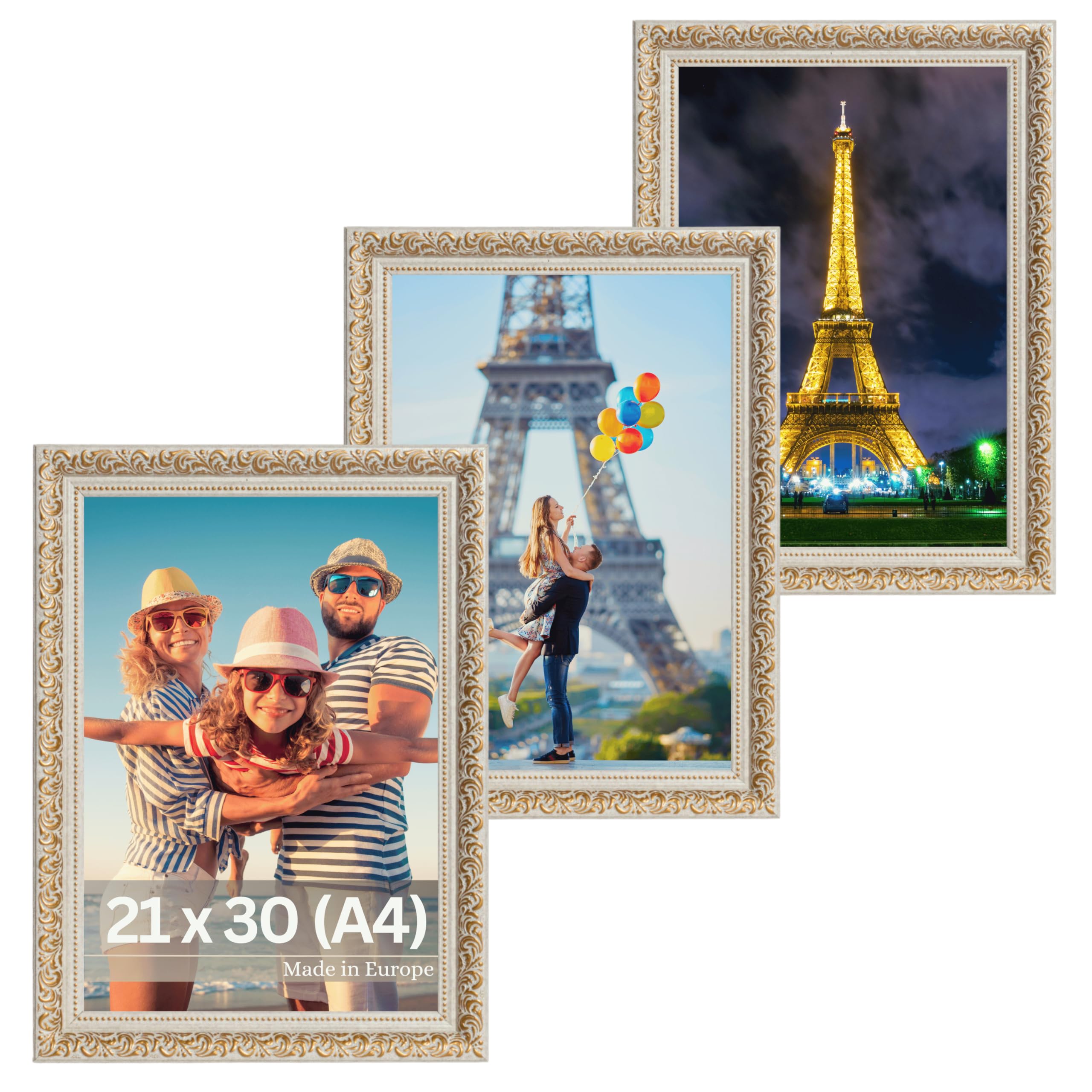 Victor Vintage Fotolijst Rubens Set Van 3 - in 21x30 cm (A4) Goud Beige - Staaf: 30x20mm - Echt Glas - Fotolijst Barok - Antiek - Fotolijst 20x30 Vintage - Fotolijst A4 Goud
