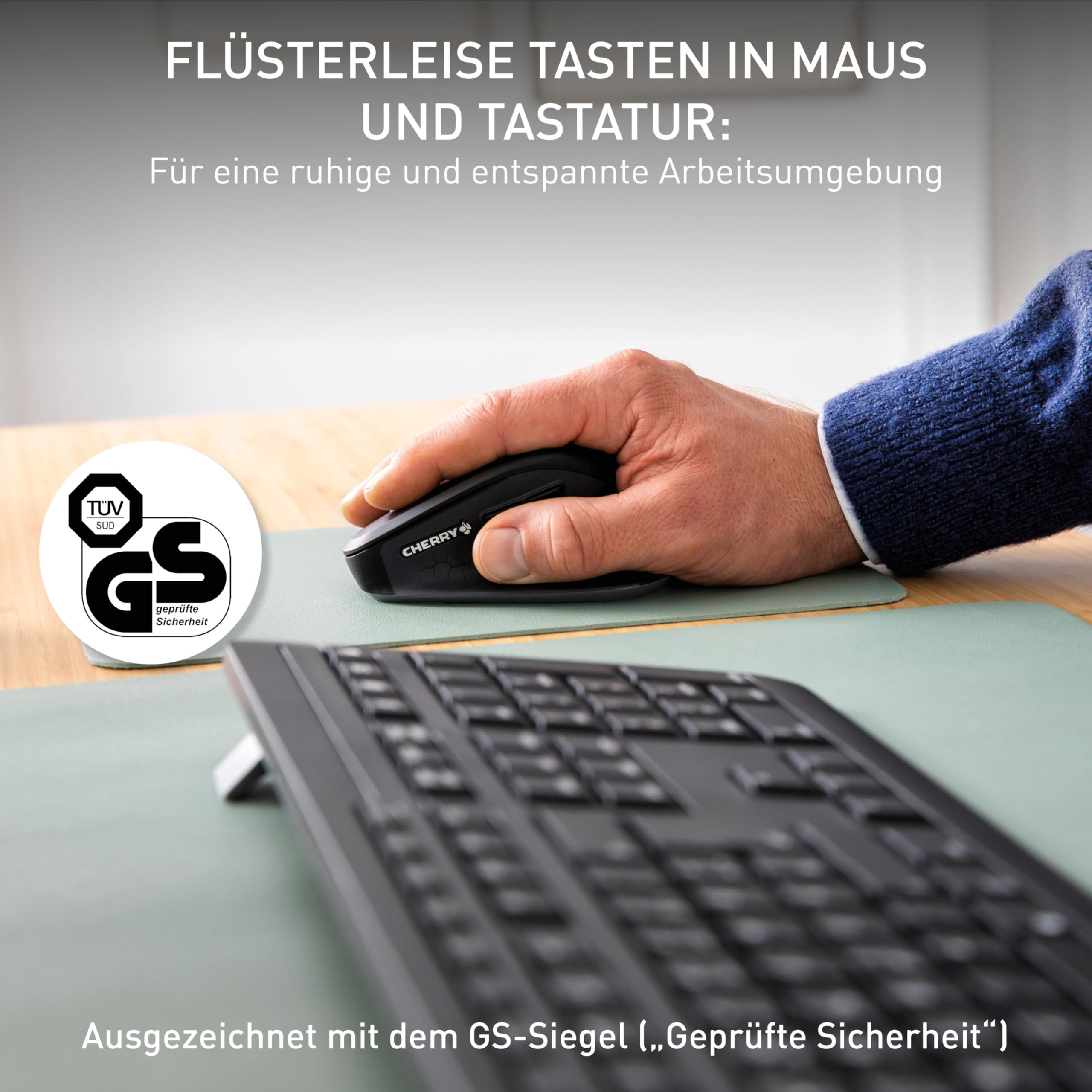 CHERRY Stream Desktop Comfort, Kabelloses Tastatur-Maus-Set, Deutsches Layout (QWERTZ), 2,4 GHz Funk, Leise Tasten, Ergonomische Rechtshändermaus, Schwarz